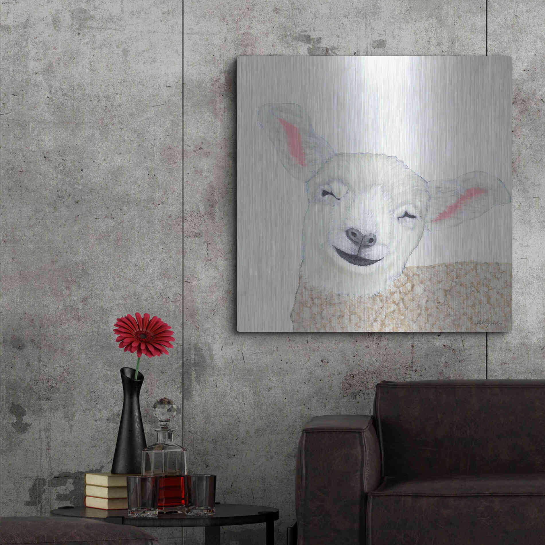 Luxe Metal Art 'Smiling Sheep' by Ashley Justice, Metal Wall Art,36x36