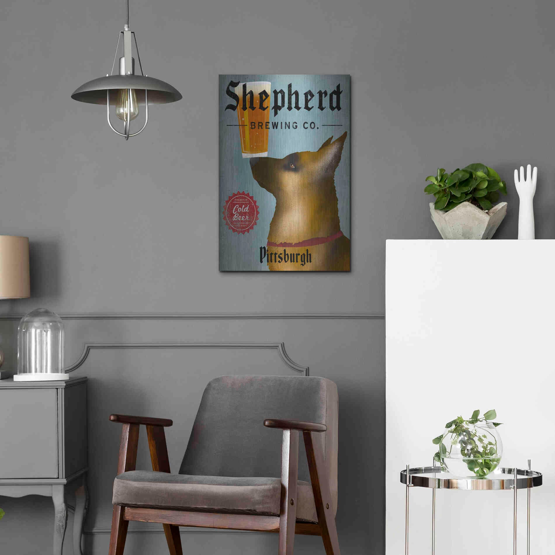 Luxe Metal Art 'German Shepherd Brewing Co Pittsburgh Black' by Ryan Fowler, Metal Wall Art,16x24