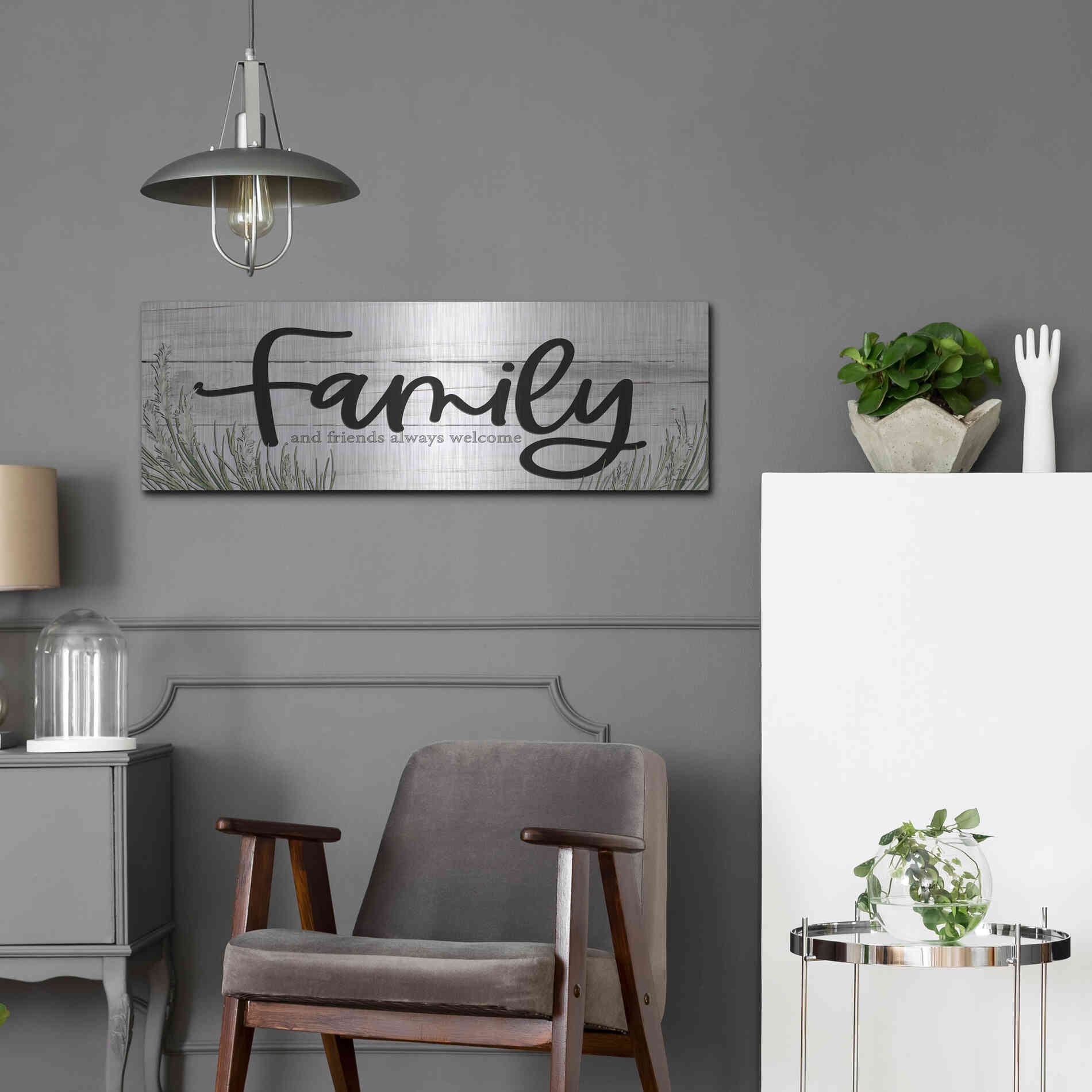 Luxe Metal Art 'Family and Friends Always Welcome ' by Susie Boyer, Metal Wall Art,36x12