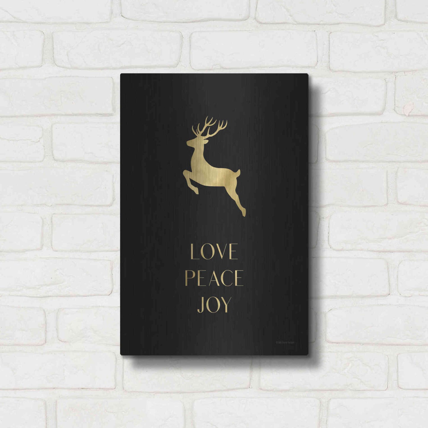 Luxe Metal Art 'Love, Peace, Joy Reindeer' by Lady Louise Designs, Metal Wall Art,12x16