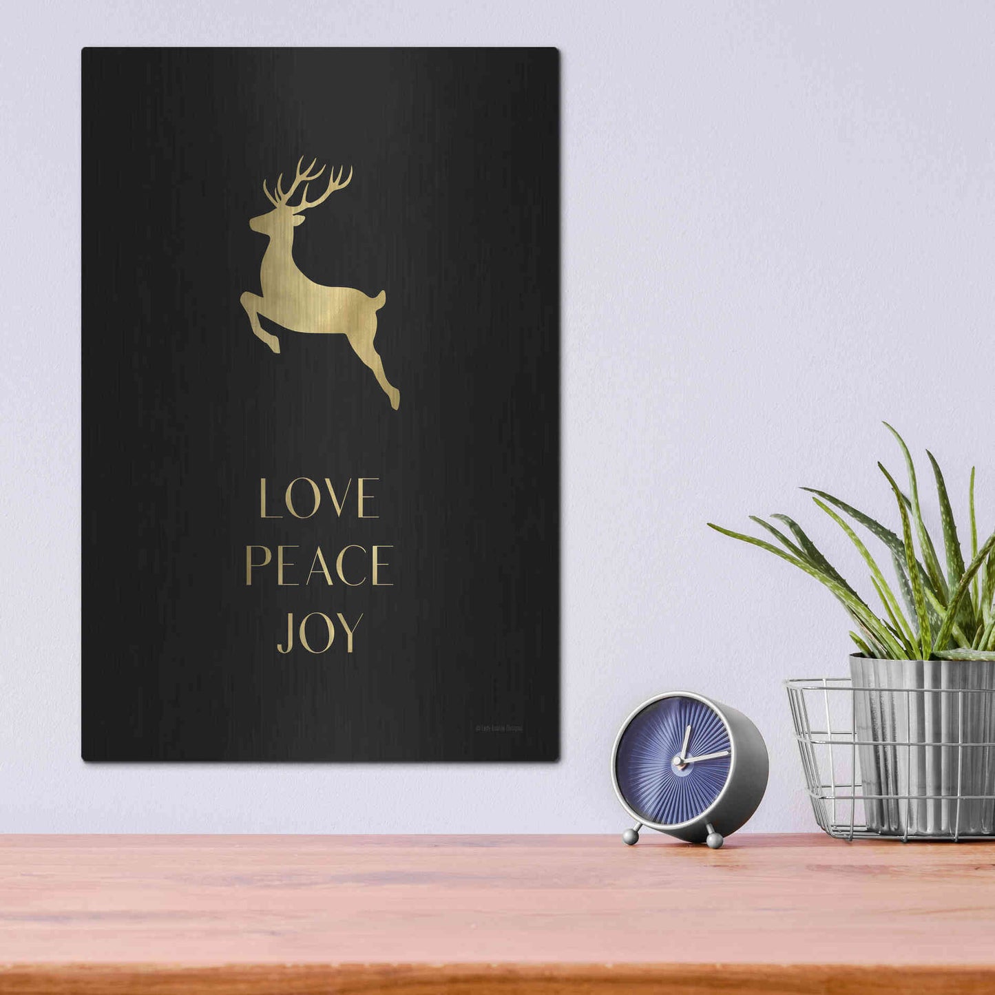 Luxe Metal Art 'Love, Peace, Joy Reindeer' by Lady Louise Designs, Metal Wall Art,12x16
