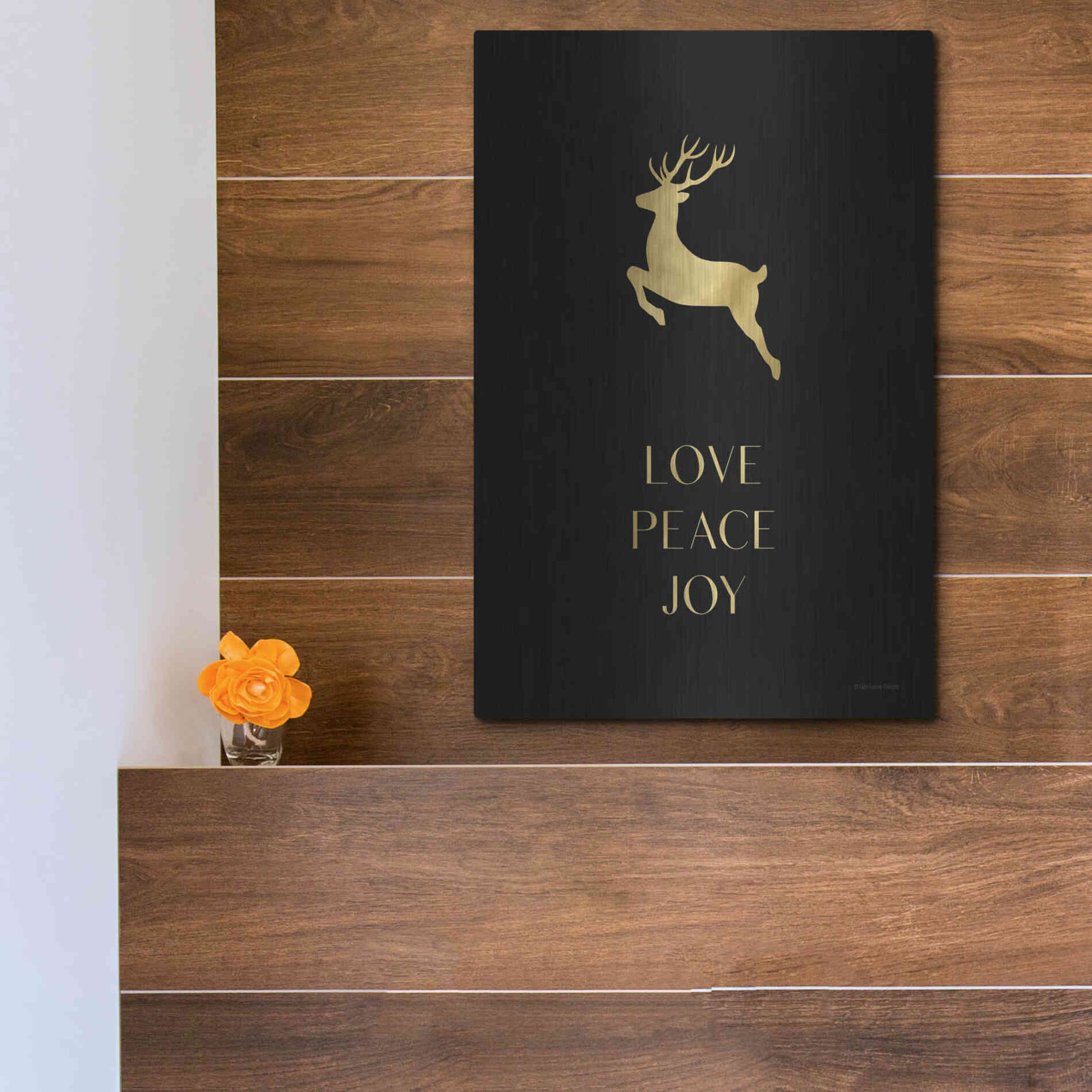 Luxe Metal Art 'Love, Peace, Joy Reindeer' by Lady Louise Designs, Metal Wall Art,12x16