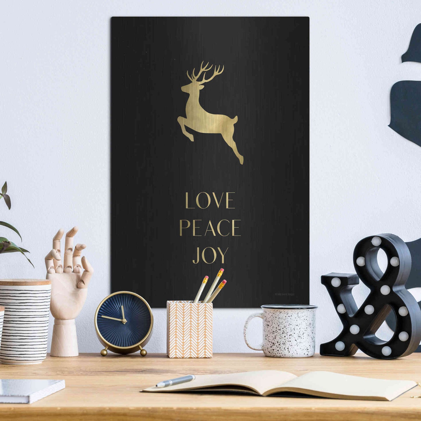 Luxe Metal Art 'Love, Peace, Joy Reindeer' by Lady Louise Designs, Metal Wall Art,12x16
