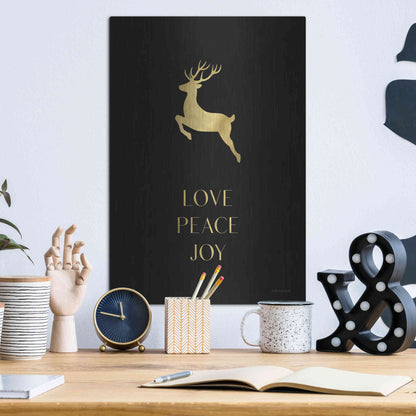 Luxe Metal Art 'Love, Peace, Joy Reindeer' by Lady Louise Designs, Metal Wall Art,12x16