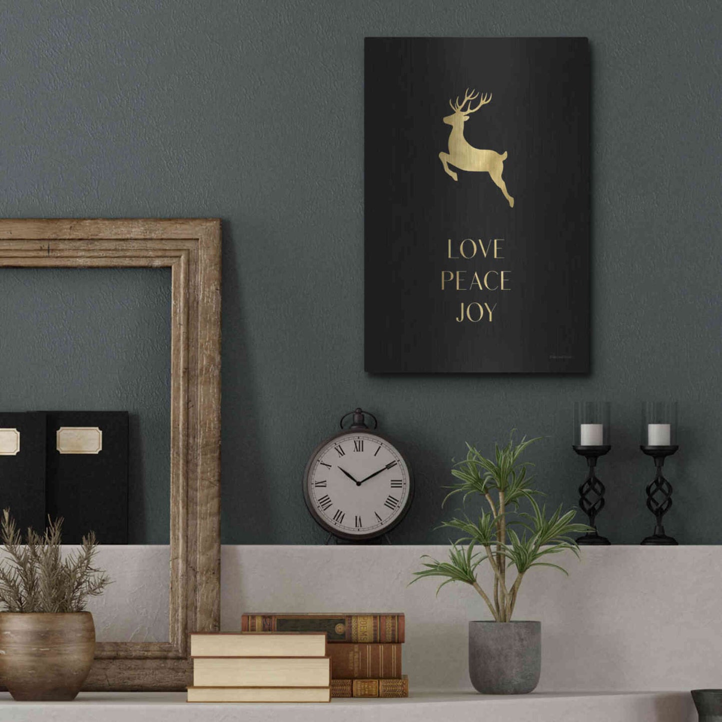 Luxe Metal Art 'Love, Peace, Joy Reindeer' by Lady Louise Designs, Metal Wall Art,12x16