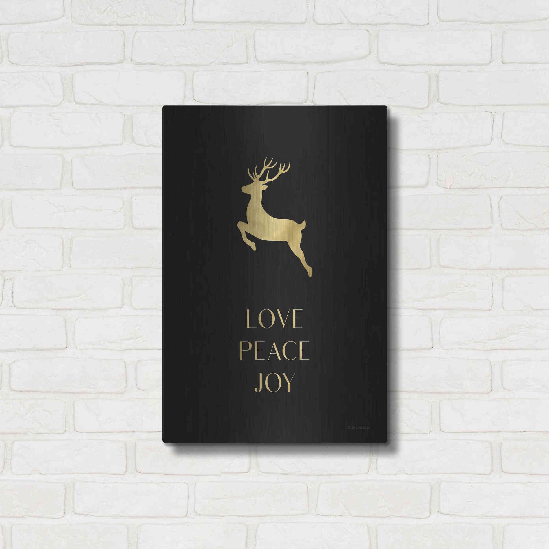 Luxe Metal Art 'Love, Peace, Joy Reindeer' by Lady Louise Designs, Metal Wall Art,16x24