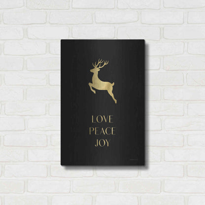 Luxe Metal Art 'Love, Peace, Joy Reindeer' by Lady Louise Designs, Metal Wall Art,16x24