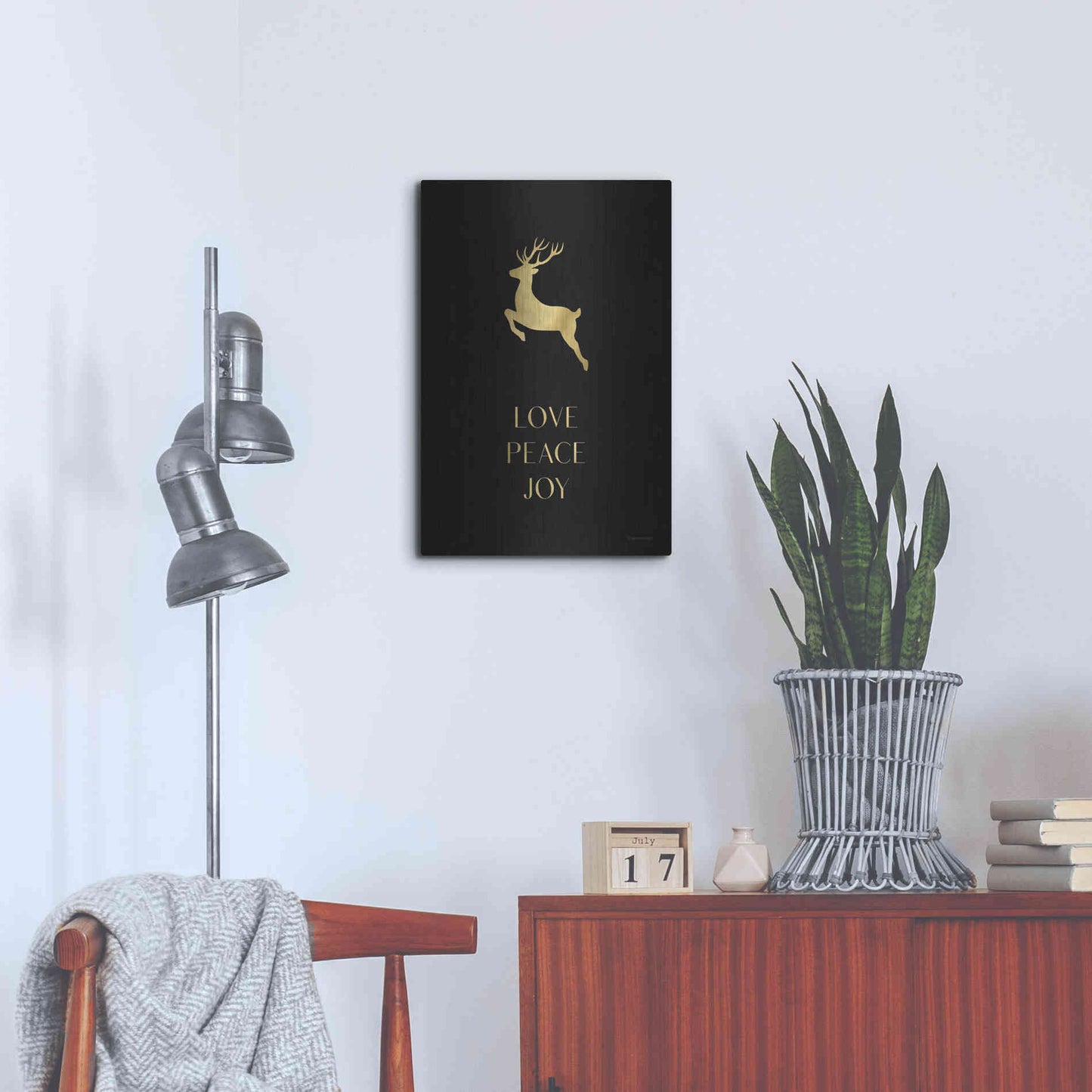 Luxe Metal Art 'Love, Peace, Joy Reindeer' by Lady Louise Designs, Metal Wall Art,16x24
