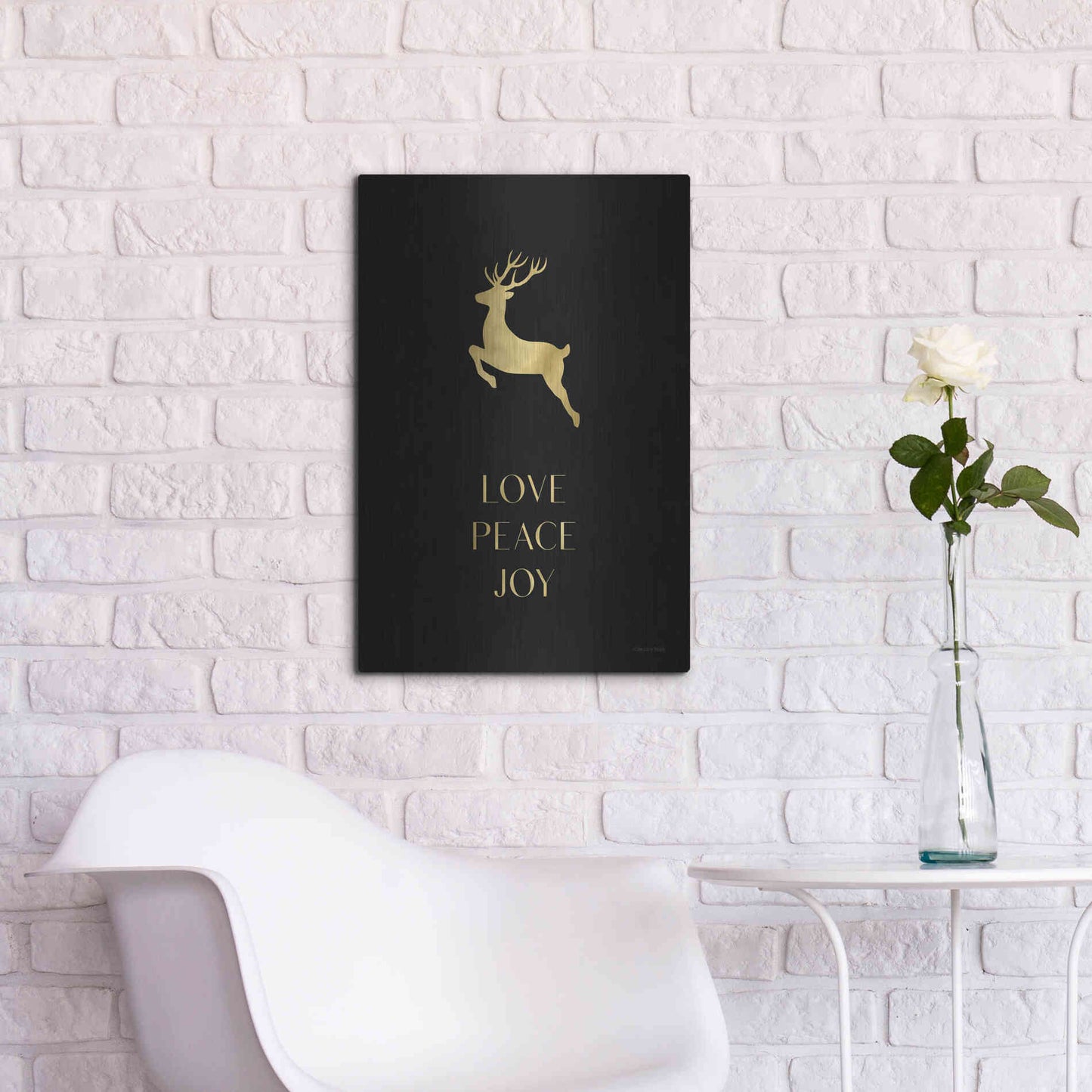 Luxe Metal Art 'Love, Peace, Joy Reindeer' by Lady Louise Designs, Metal Wall Art,16x24
