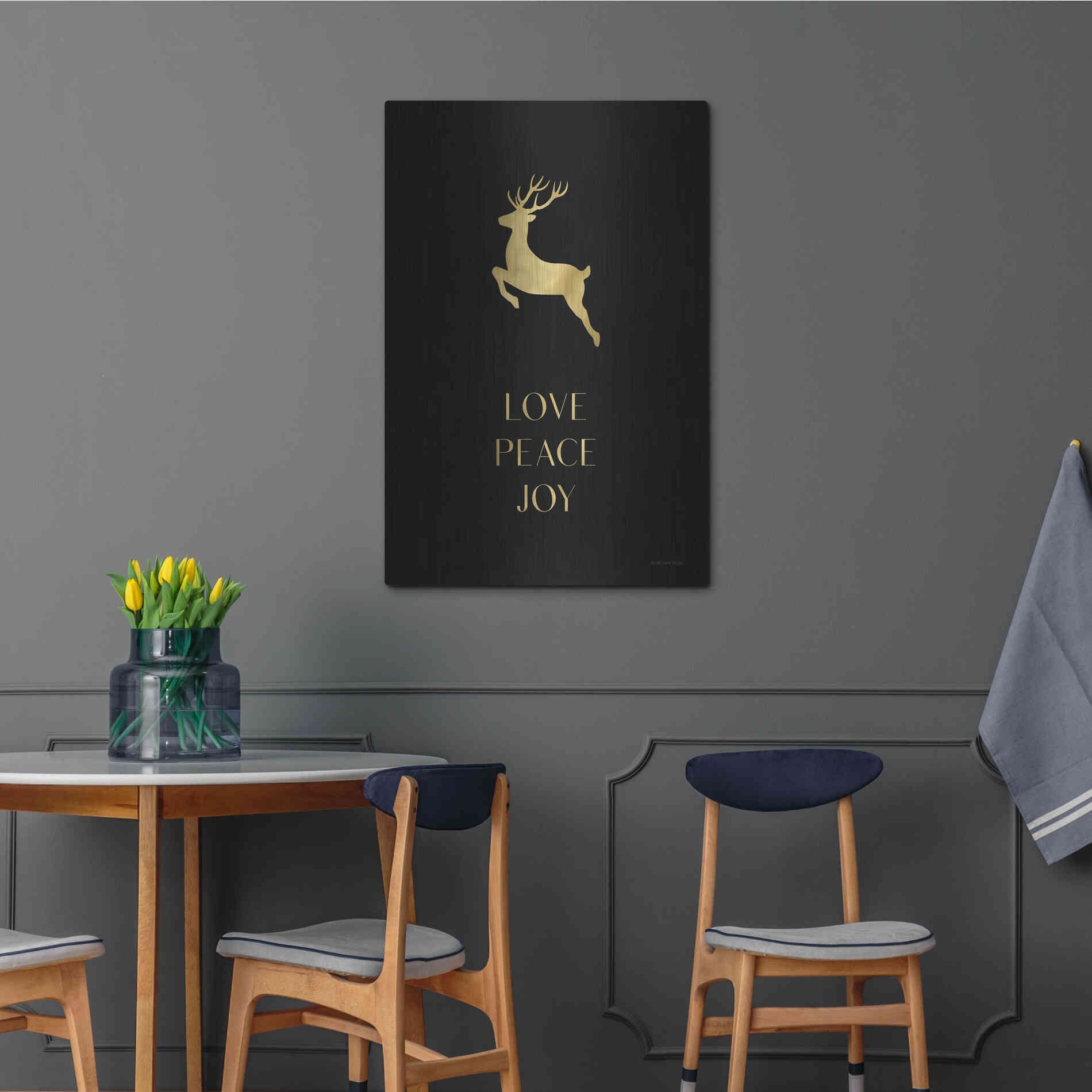 Luxe Metal Art 'Love, Peace, Joy Reindeer' by Lady Louise Designs, Metal Wall Art,24x36