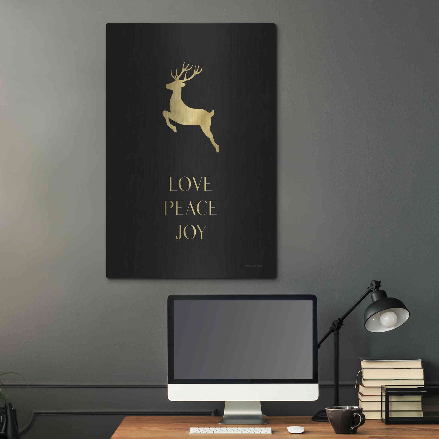 Luxe Metal Art 'Love, Peace, Joy Reindeer' by Lady Louise Designs, Metal Wall Art,24x36