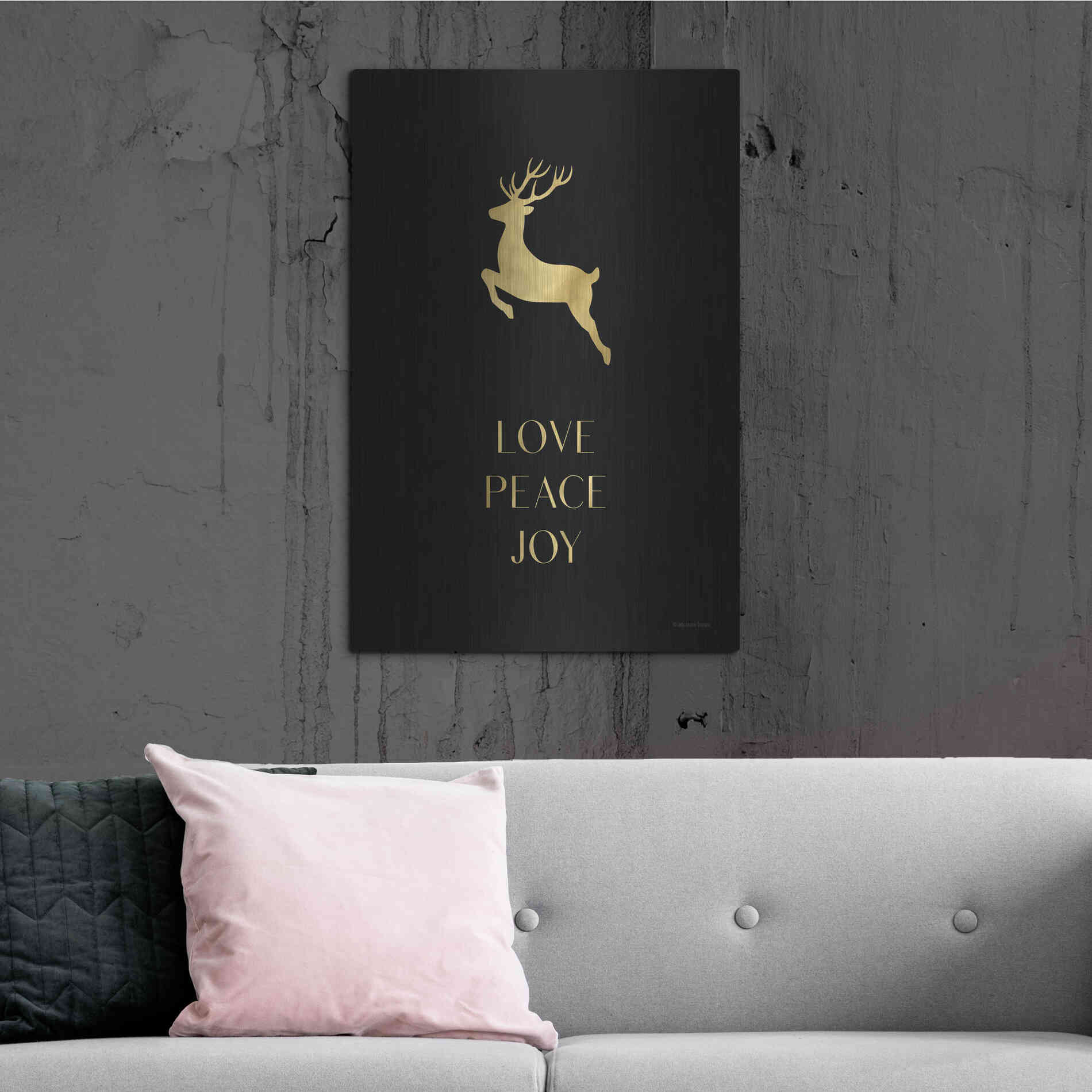 Luxe Metal Art 'Love, Peace, Joy Reindeer' by Lady Louise Designs, Metal Wall Art,24x36