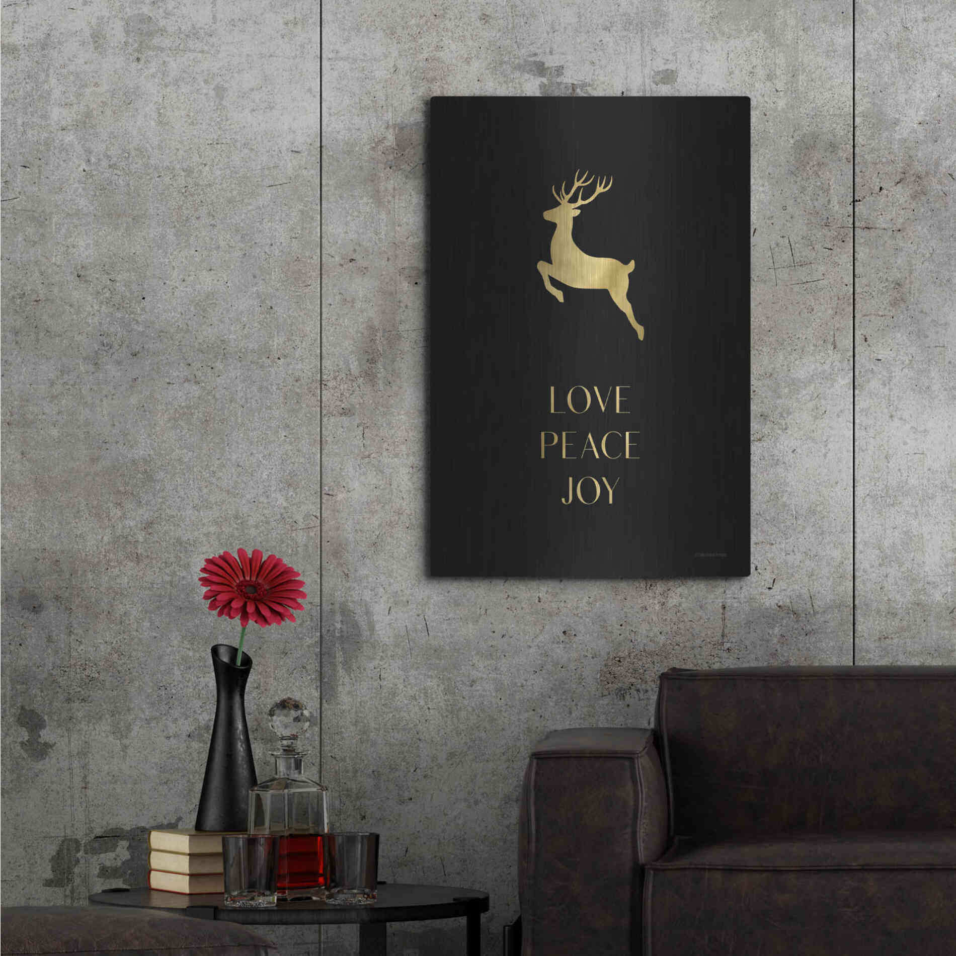 Luxe Metal Art 'Love, Peace, Joy Reindeer' by Lady Louise Designs, Metal Wall Art,24x36