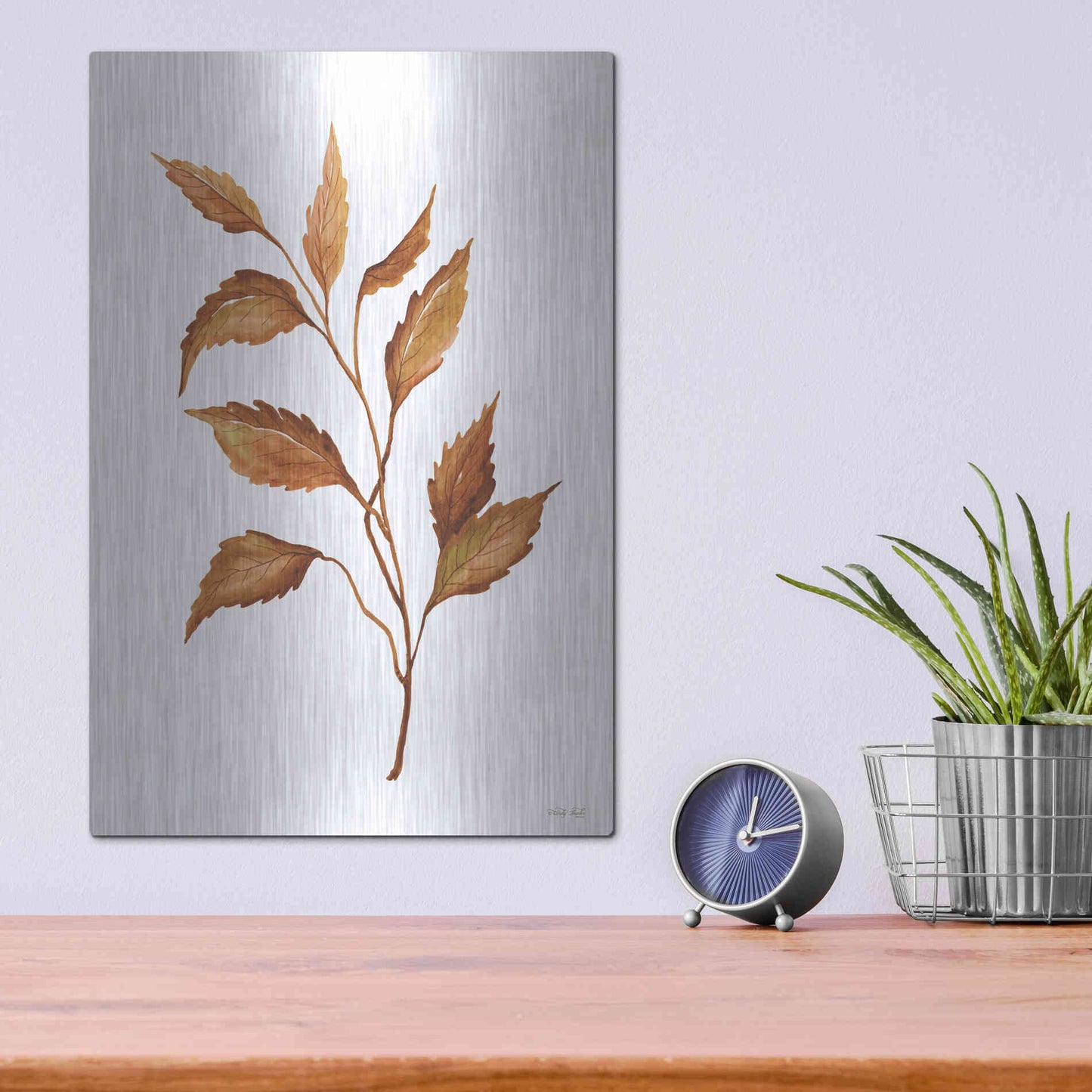Luxe Metal Art 'Fall Leaf Stem IV' by Cindy Jacobs, Metal Wall Art,12x16