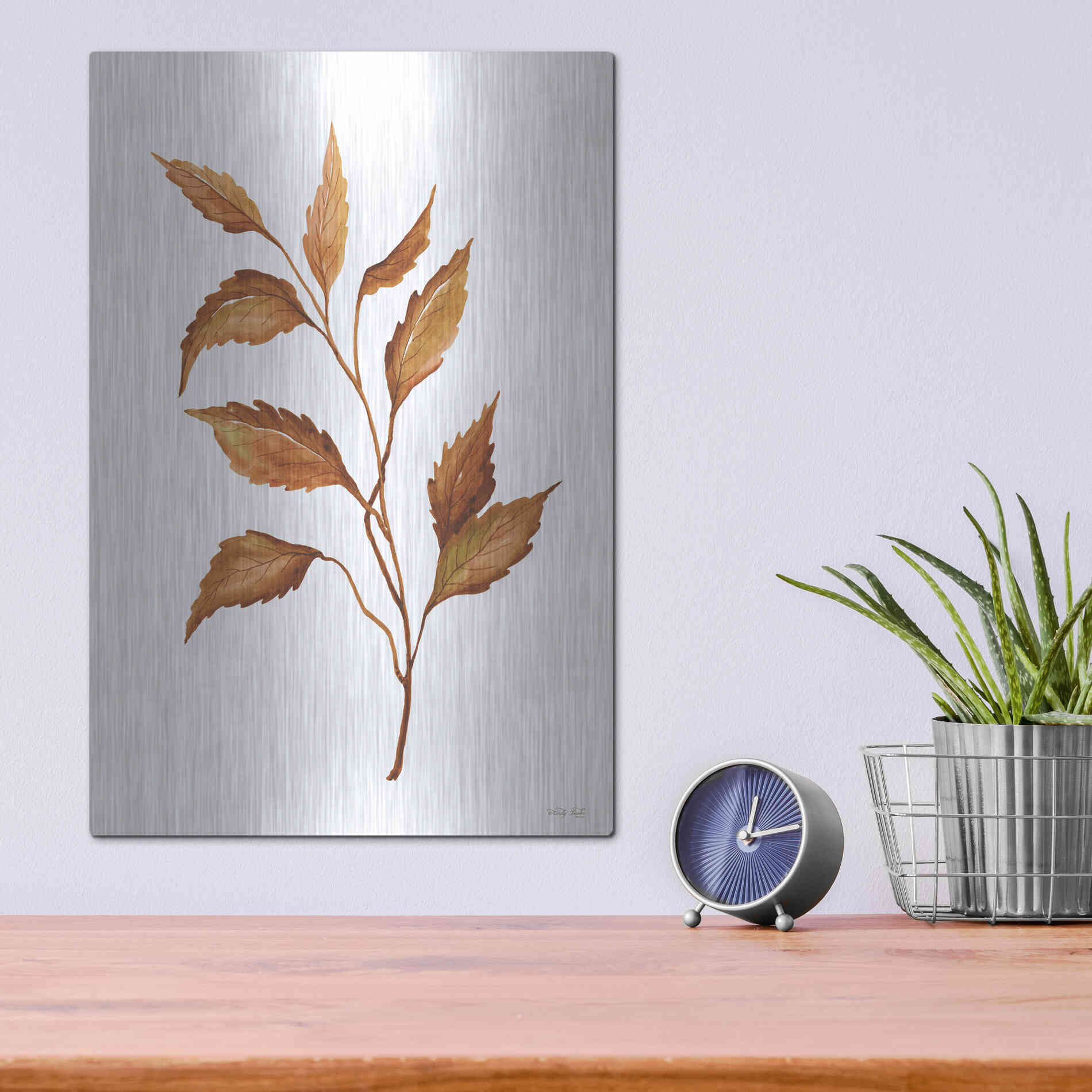 Luxe Metal Art 'Fall Leaf Stem IV' by Cindy Jacobs, Metal Wall Art,12x16