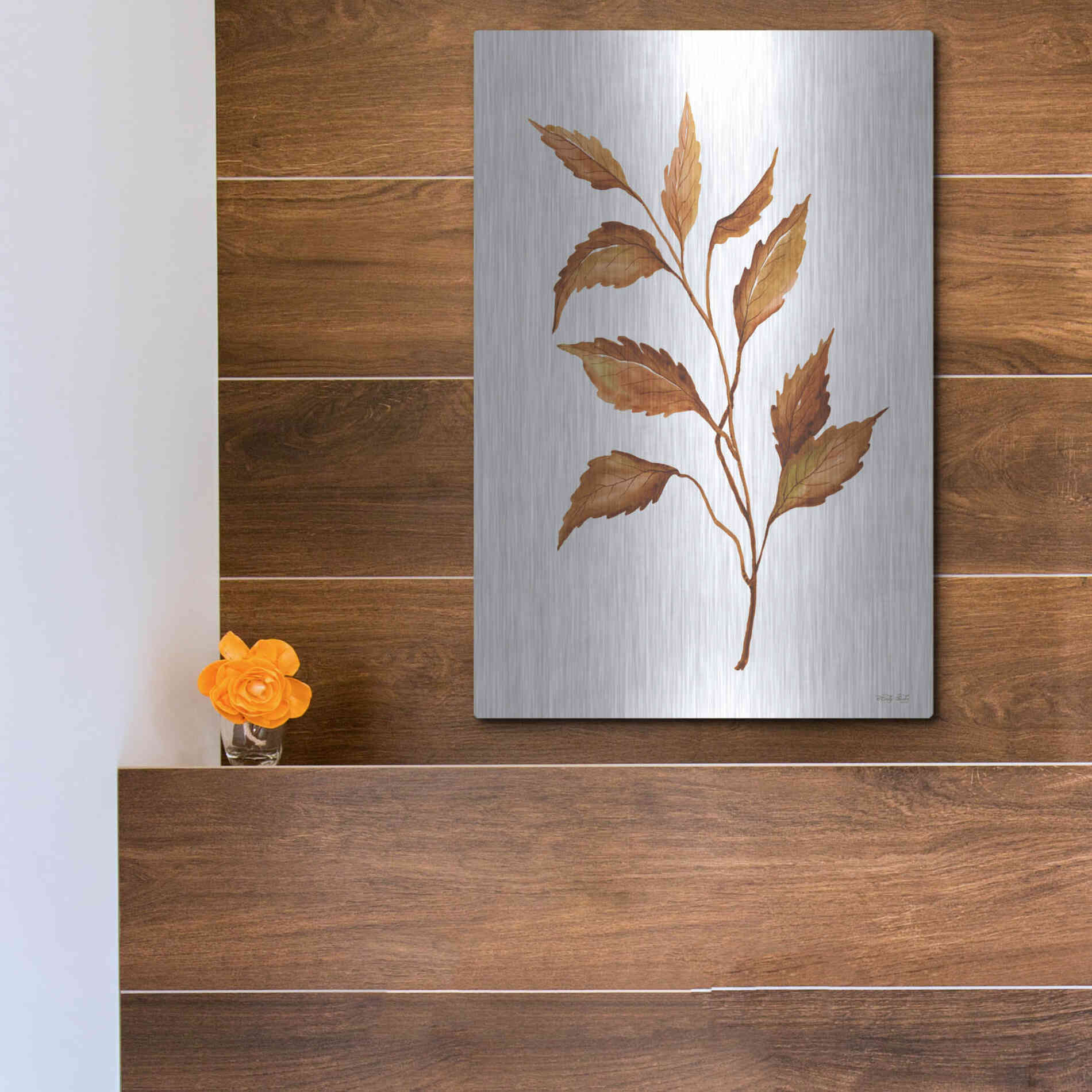Luxe Metal Art 'Fall Leaf Stem IV' by Cindy Jacobs, Metal Wall Art,12x16