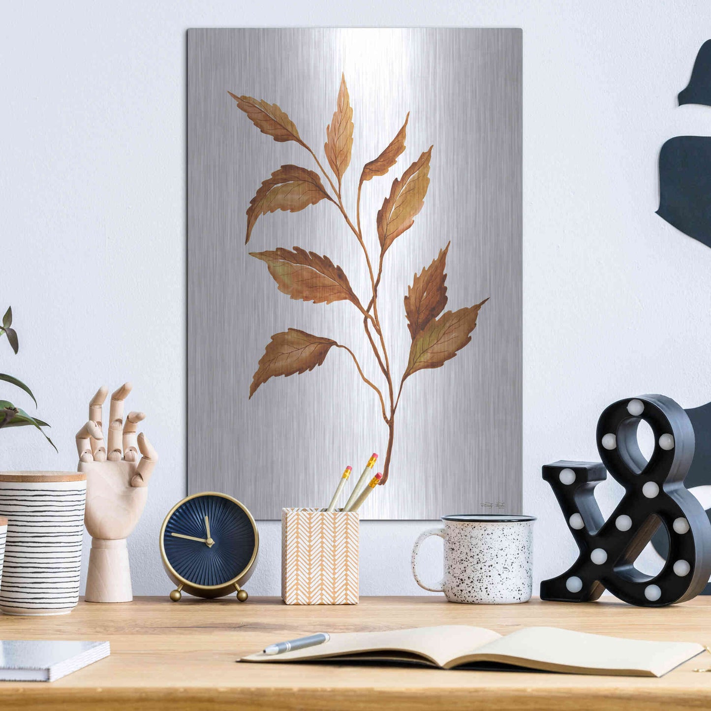 Luxe Metal Art 'Fall Leaf Stem IV' by Cindy Jacobs, Metal Wall Art,12x16