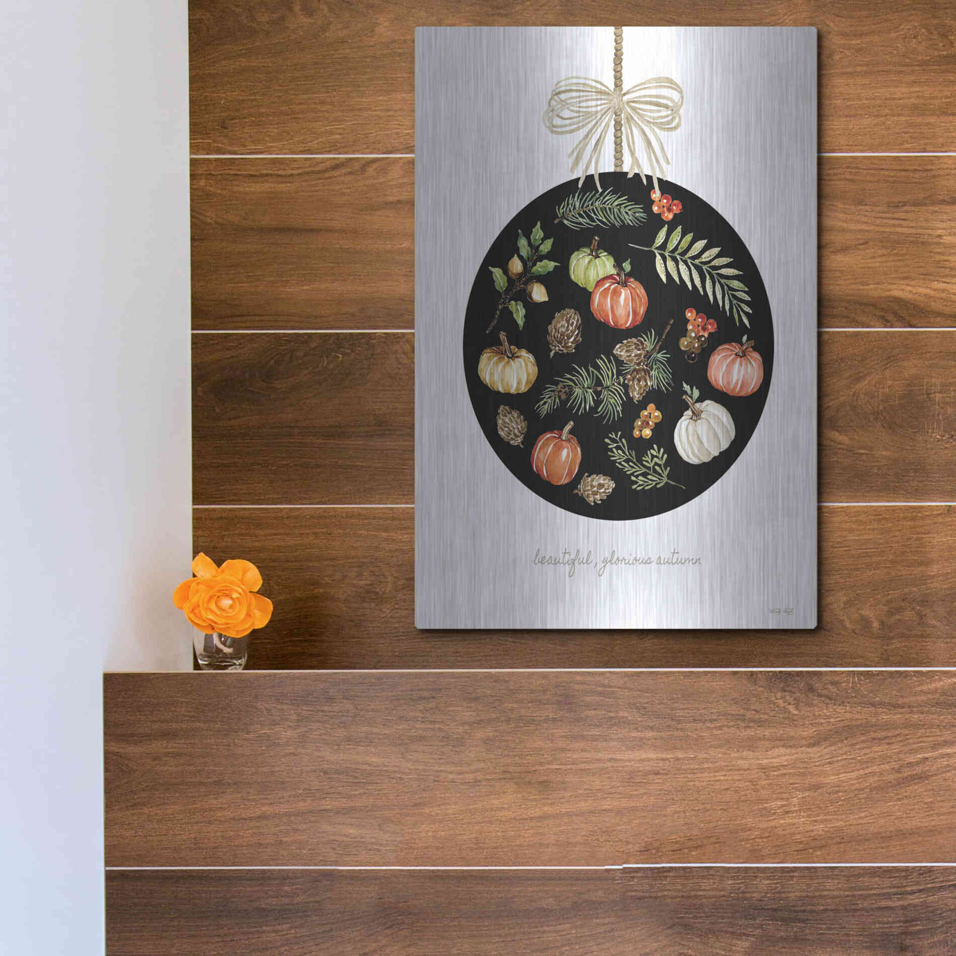 Luxe Metal Art 'Beautiful, Glorious Autumn Ornament' by Cindy Jacobs, Metal Wall Art,12x16