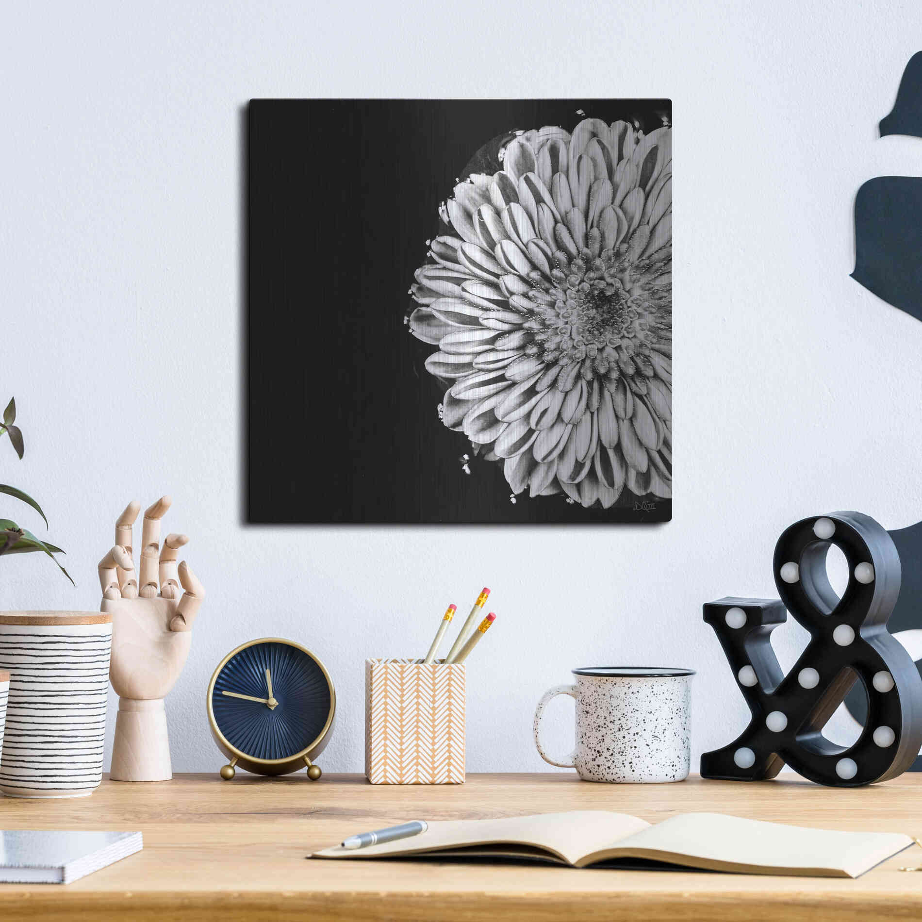 Luxe Metal Art 'Black and White Flower Love II' by Donnie Quillen, Metal Wall Art,12x12