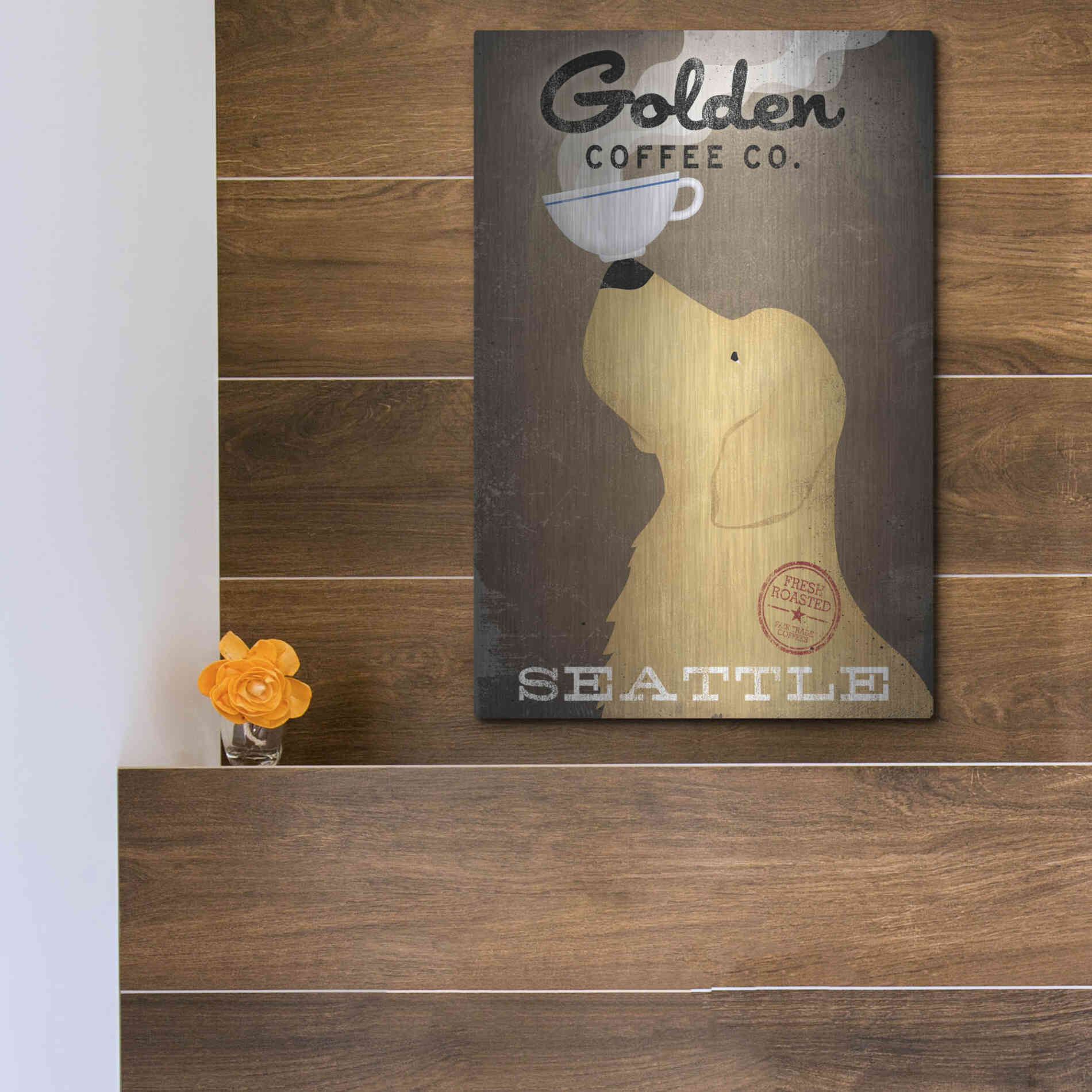Luxe Metal Art 'Golden Coffee Co' by Ryan Fowler, Metal Wall Art,12x16