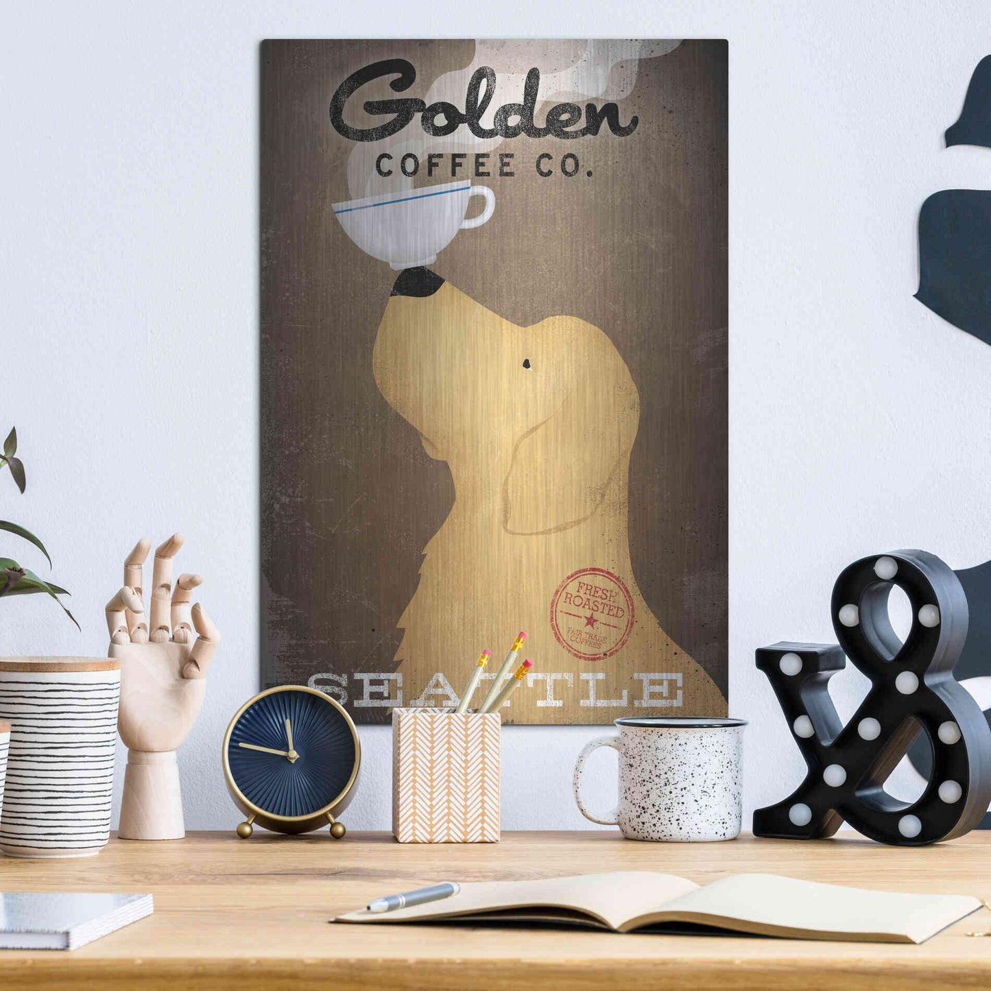 Luxe Metal Art 'Golden Coffee Co' by Ryan Fowler, Metal Wall Art,12x16