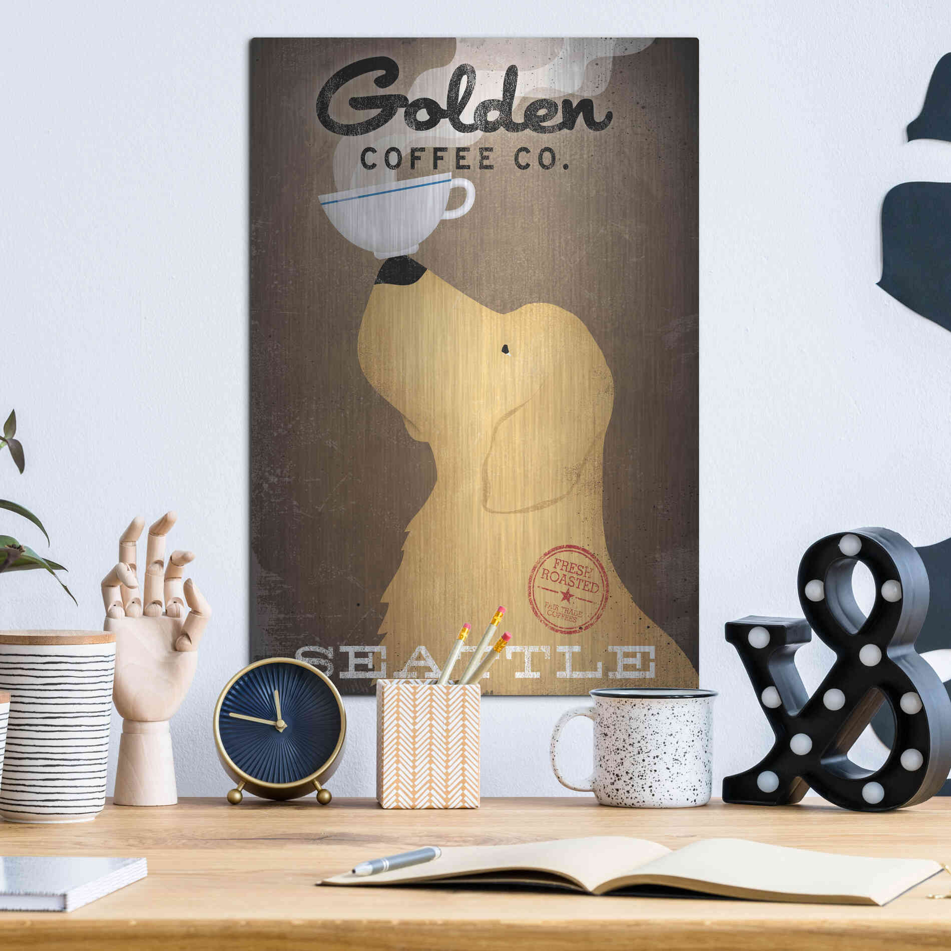 Luxe Metal Art 'Golden Coffee Co' by Ryan Fowler, Metal Wall Art,12x16