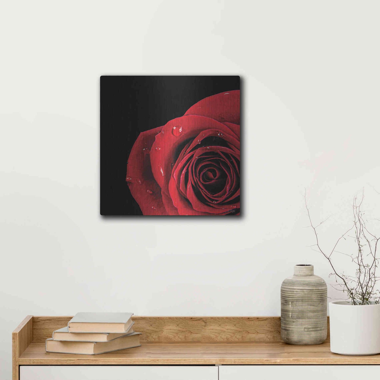 Luxe Metal Art 'Pop of Red Rose' by Donnie Quillen, Metal Wall Art,12x12