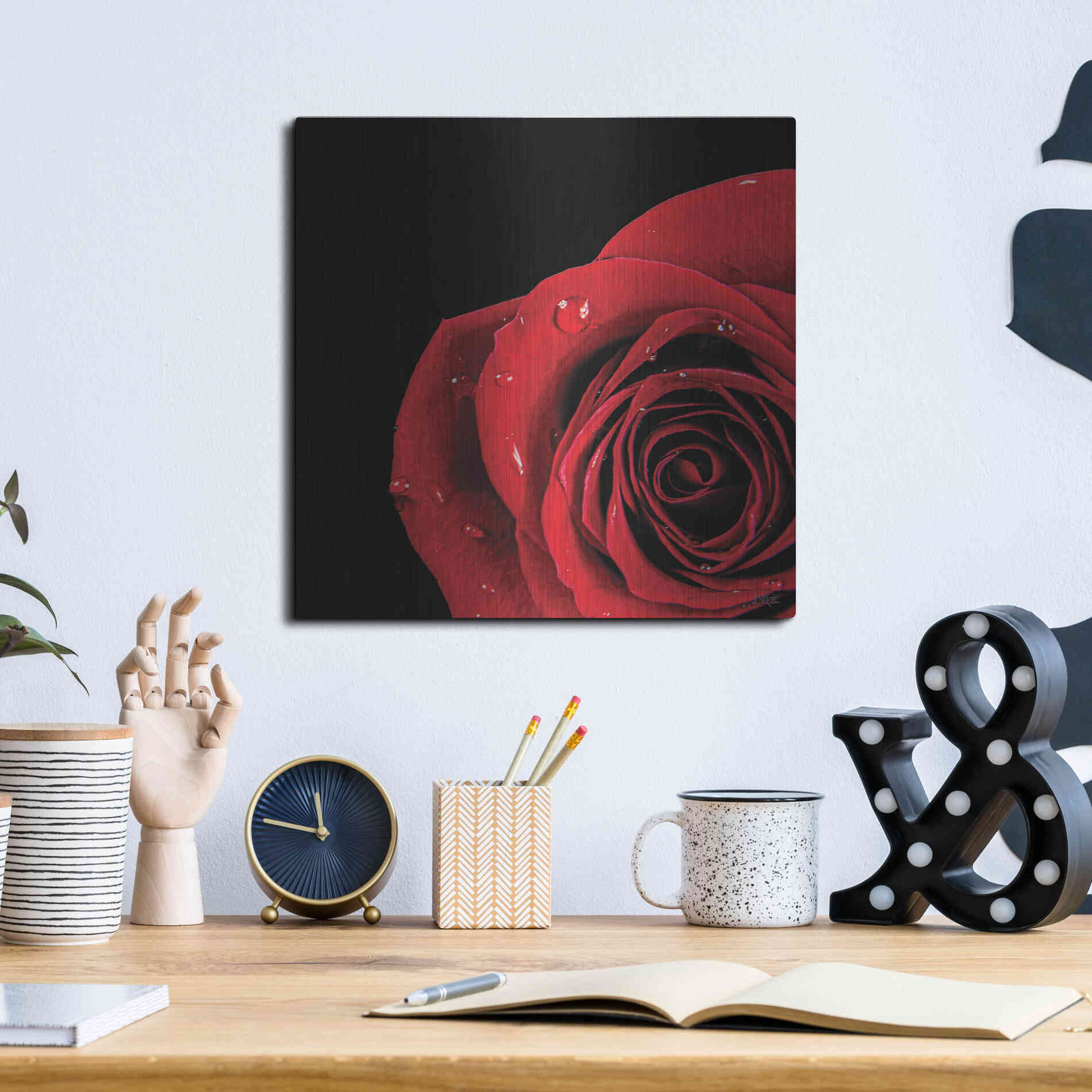 Luxe Metal Art 'Pop of Red Rose' by Donnie Quillen, Metal Wall Art,12x12