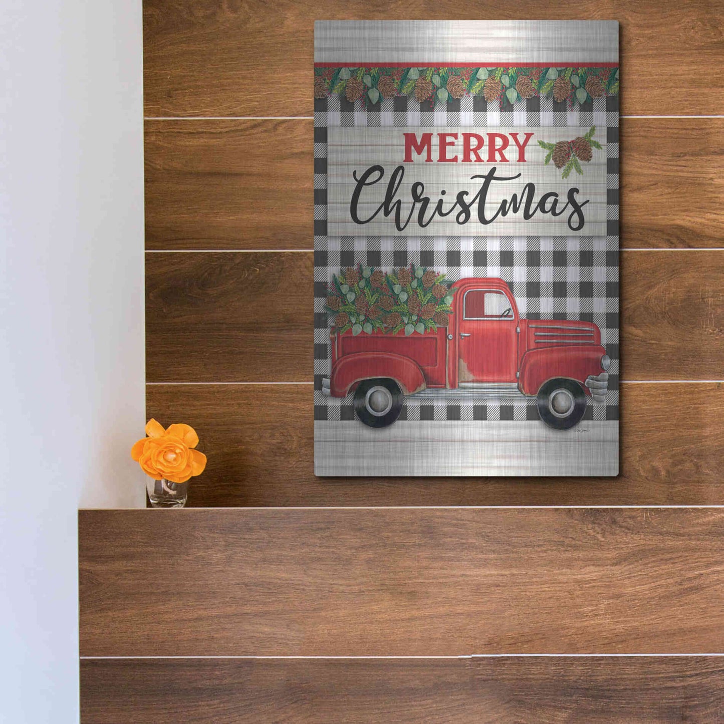 Luxe Metal Art 'Merry Christmas Red Truck' by Deb Strain, Metal Wall Art,12x16