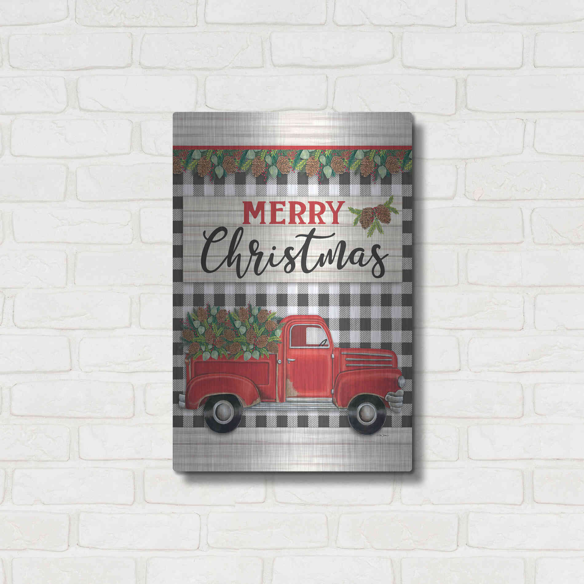 Luxe Metal Art 'Merry Christmas Red Truck' by Deb Strain, Metal Wall Art,16x24