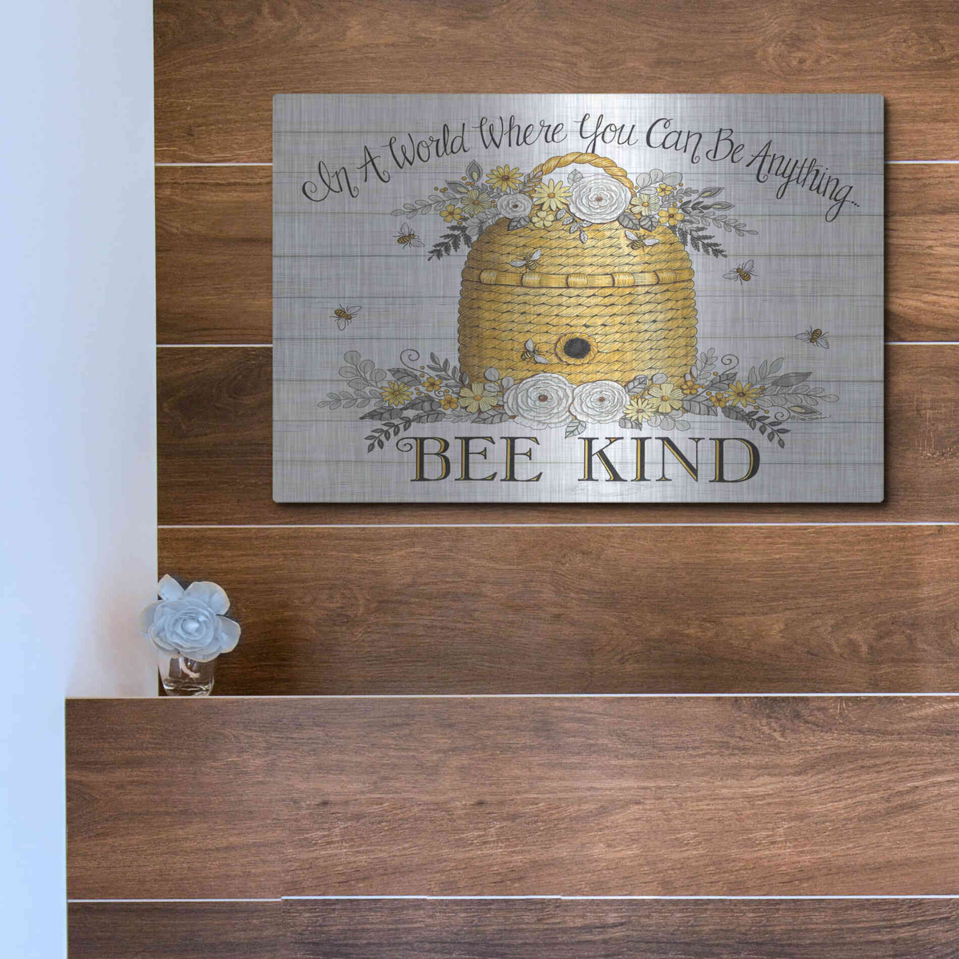 Luxe Metal Art 'Bee Kind Bee Hive' by Deb Strain, Metal Wall Art,16x12