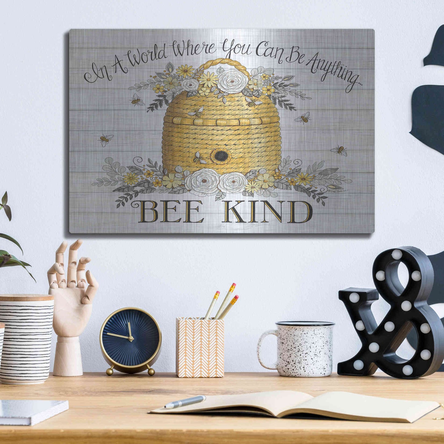 Luxe Metal Art 'Bee Kind Bee Hive' by Deb Strain, Metal Wall Art,16x12