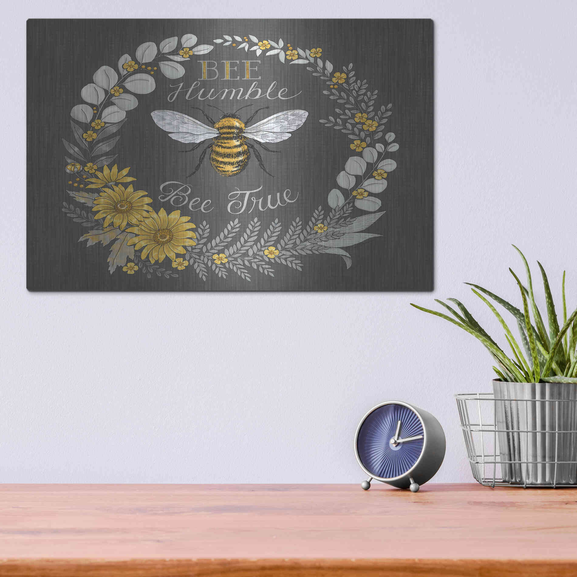 Luxe Metal Art 'Bee Humble, Bee True' by Deb Strain, Metal Wall Art,16x12