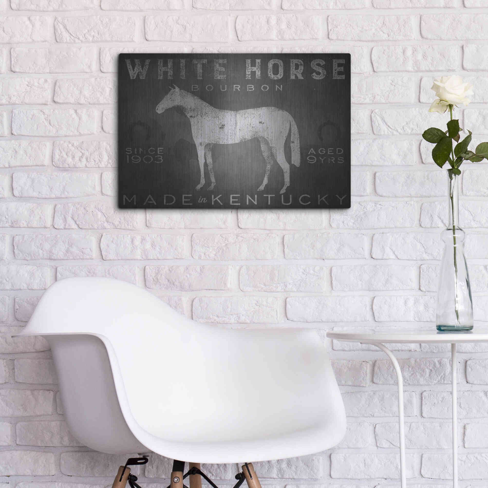 Luxe Metal Art 'White Horse with Words' by Ryan Fowler, Metal Wall Art,24x16