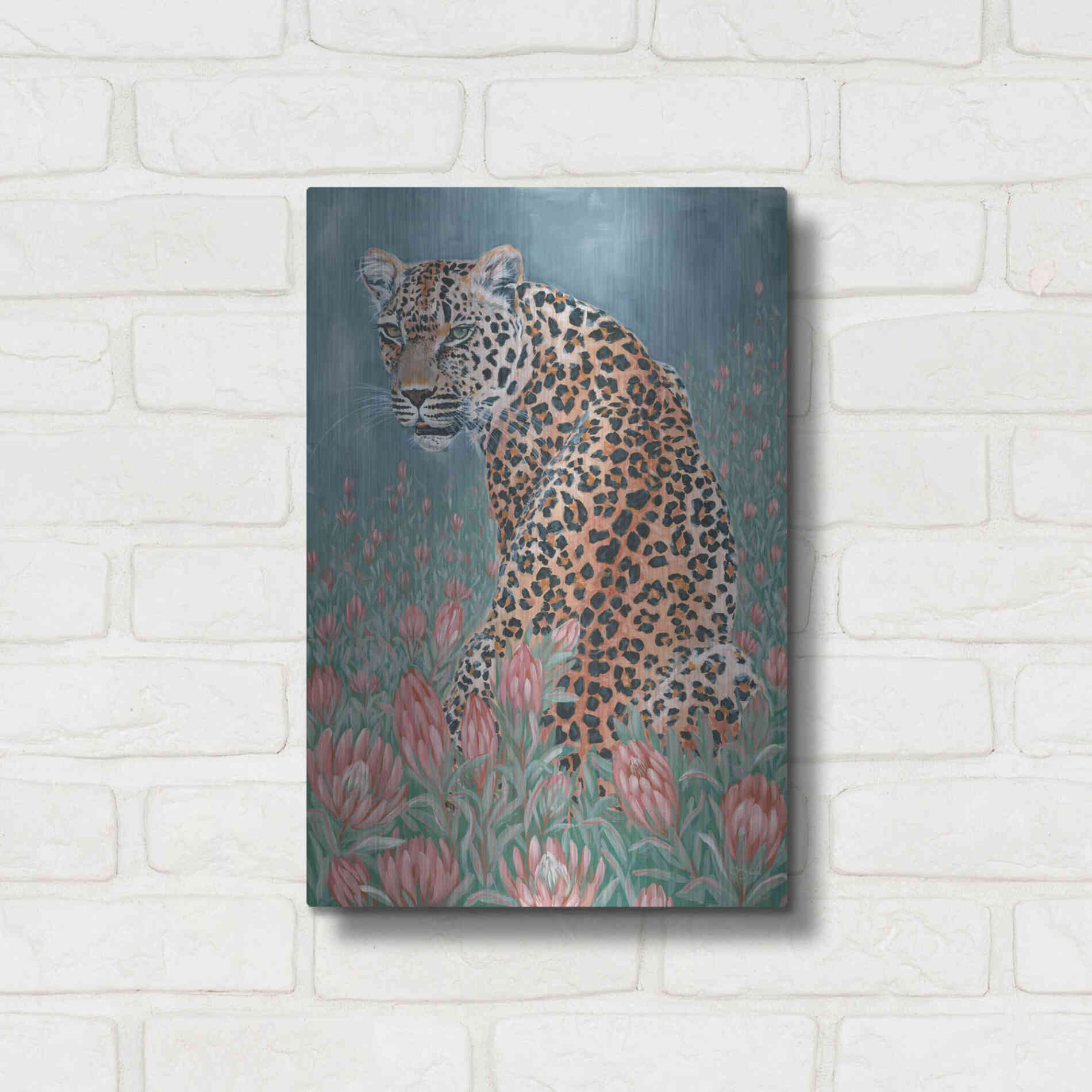 Luxe Metal Art 'Leopard in the Flowers' by JG Studios, Metal Wall Art,12x16