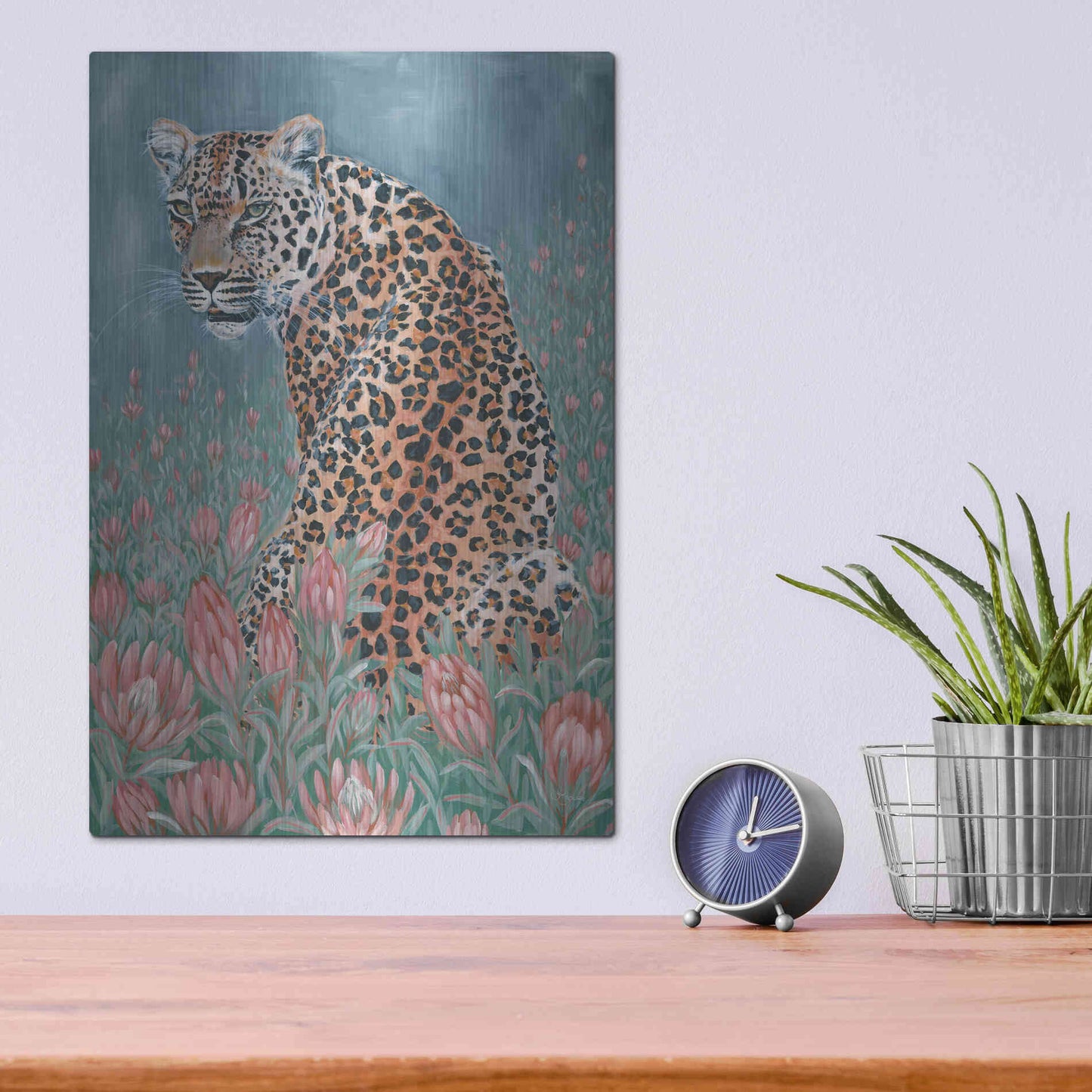 Luxe Metal Art 'Leopard in the Flowers' by JG Studios, Metal Wall Art,12x16