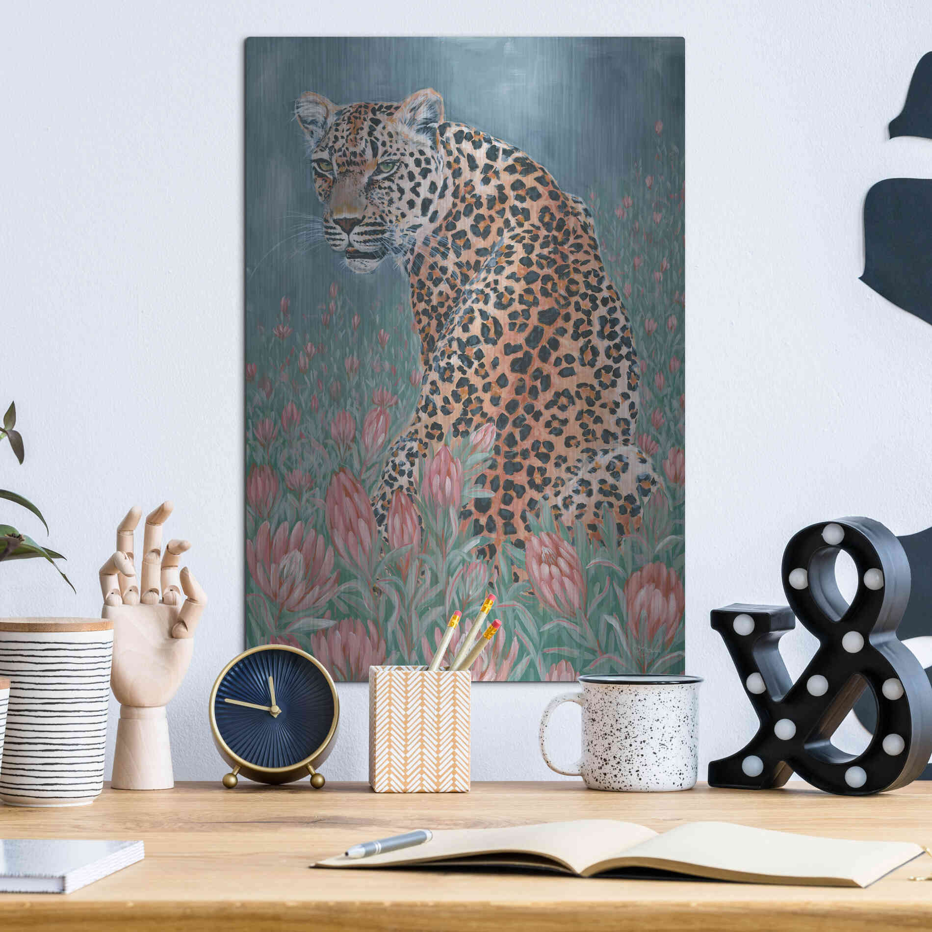 Luxe Metal Art 'Leopard in the Flowers' by JG Studios, Metal Wall Art,12x16