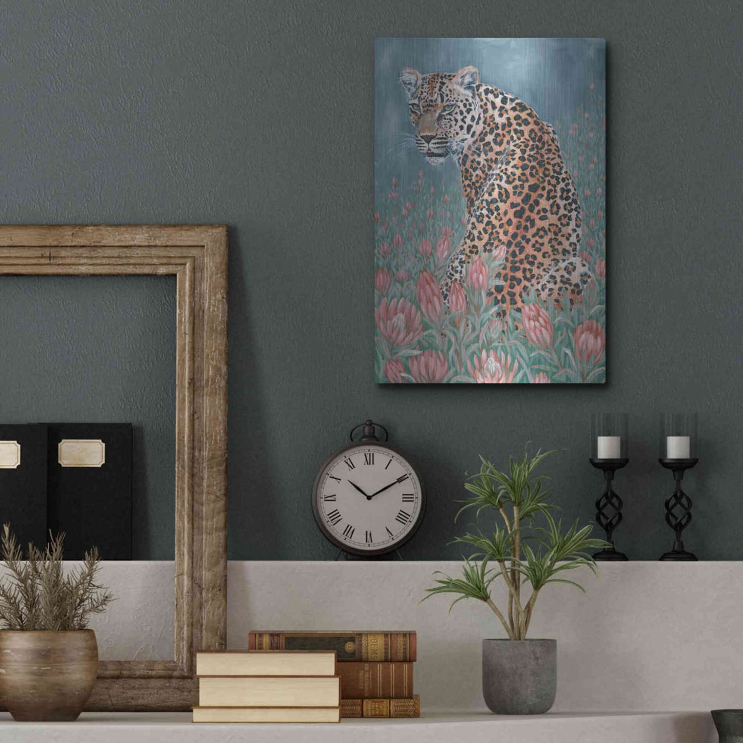 Luxe Metal Art 'Leopard in the Flowers' by JG Studios, Metal Wall Art,12x16