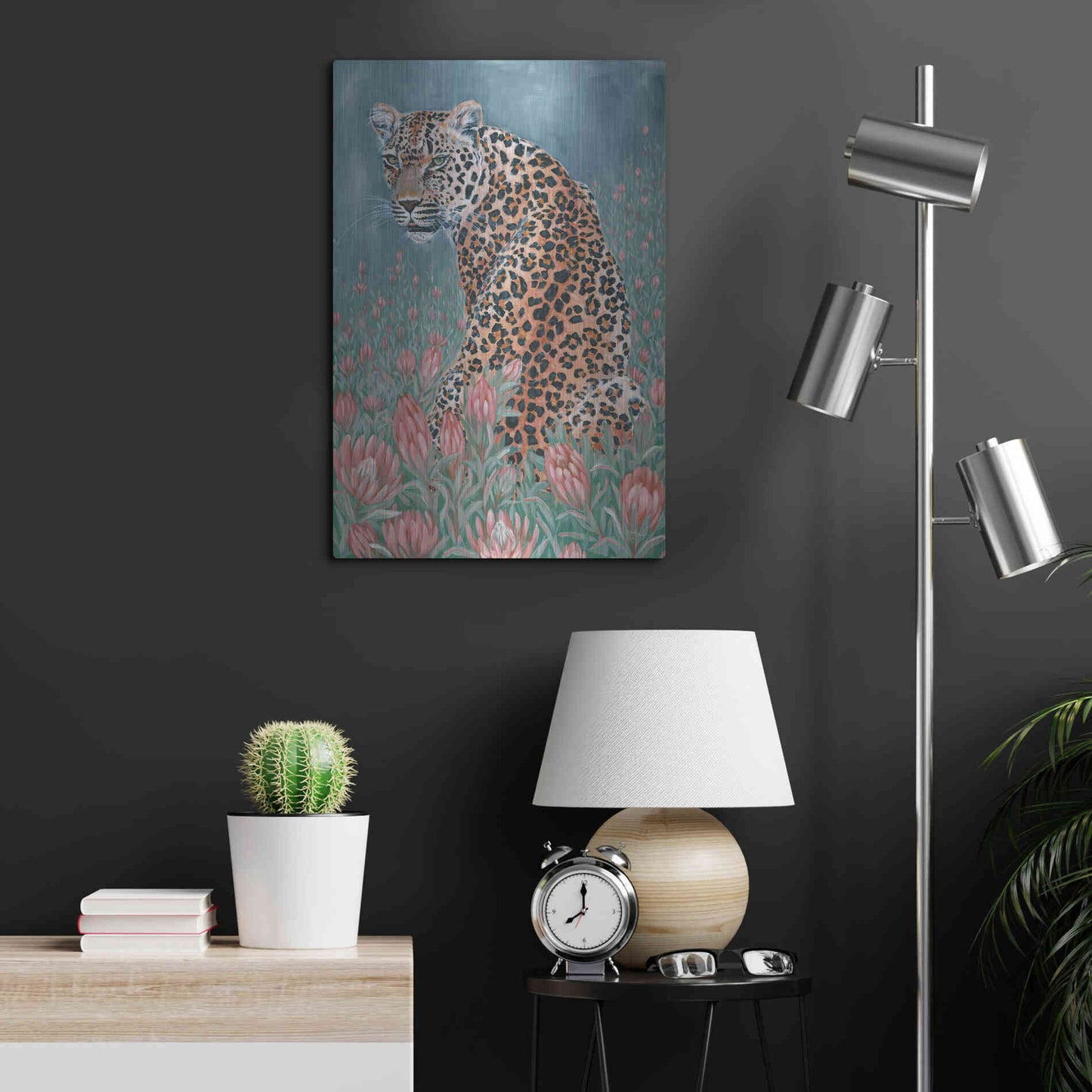 Luxe Metal Art 'Leopard in the Flowers' by JG Studios, Metal Wall Art,16x24