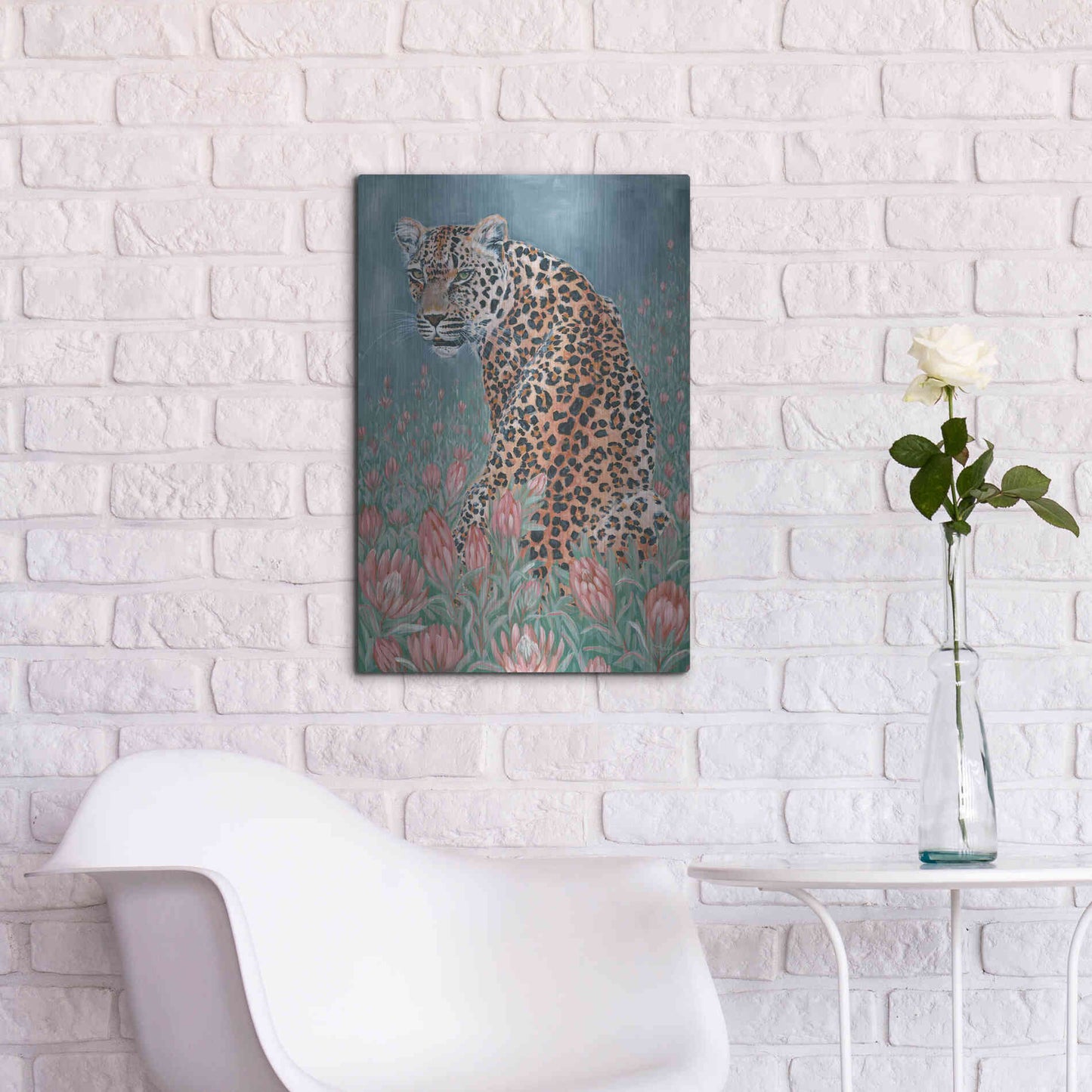 Luxe Metal Art 'Leopard in the Flowers' by JG Studios, Metal Wall Art,16x24