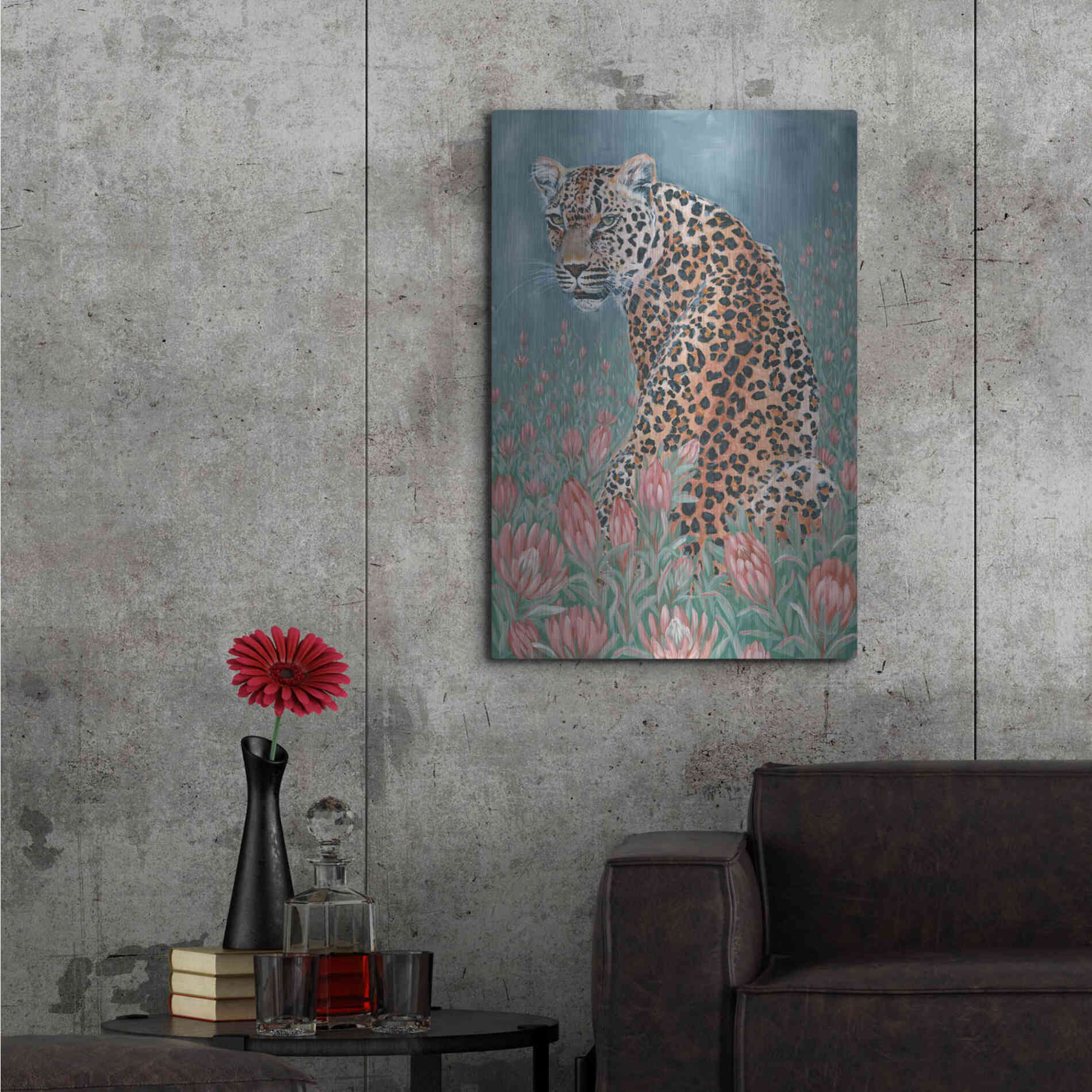 Luxe Metal Art 'Leopard in the Flowers' by JG Studios, Metal Wall Art,24x36