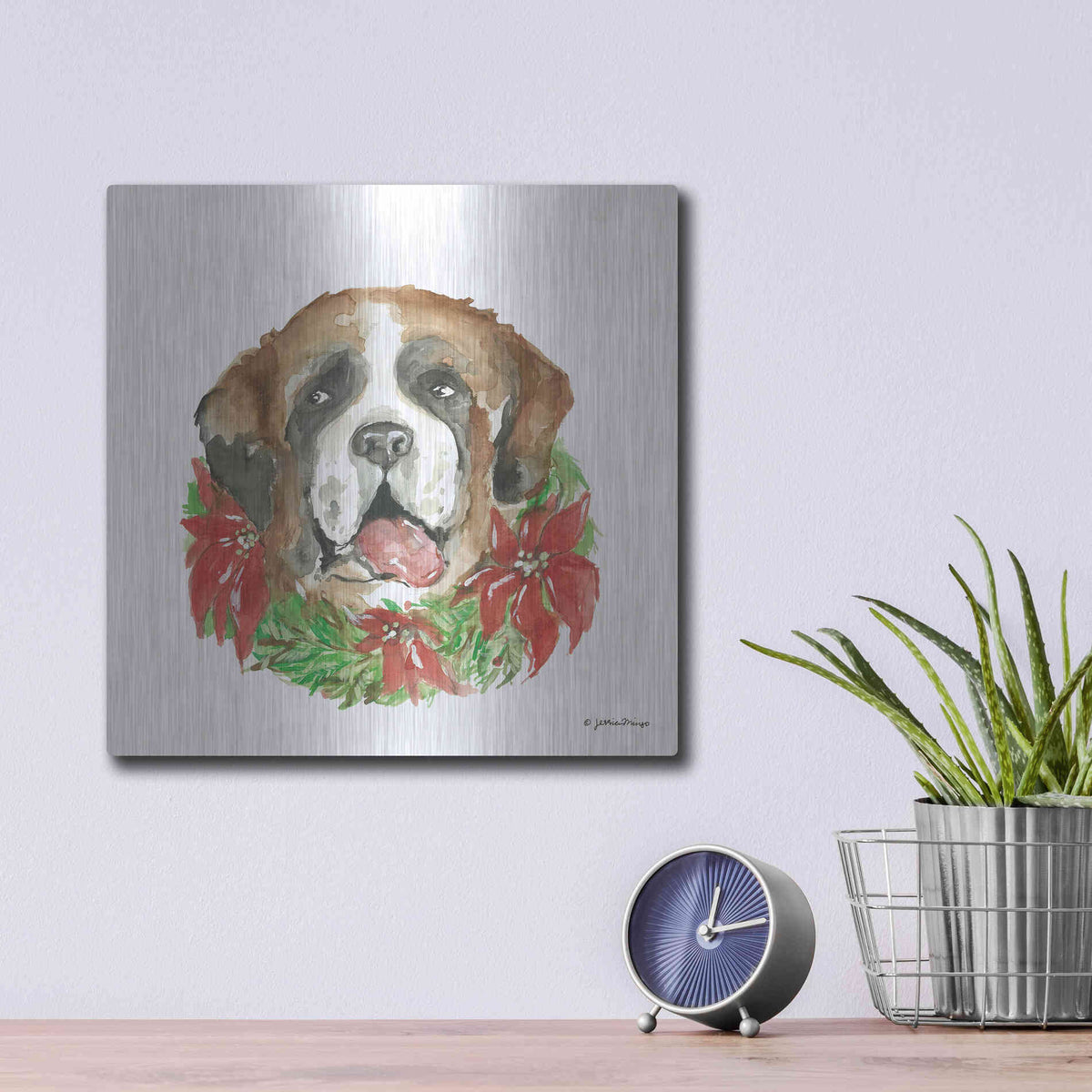 Luxe Metal Art 'Christmas Pup' by Jessica Mingo, Metal Wall Art,12x12