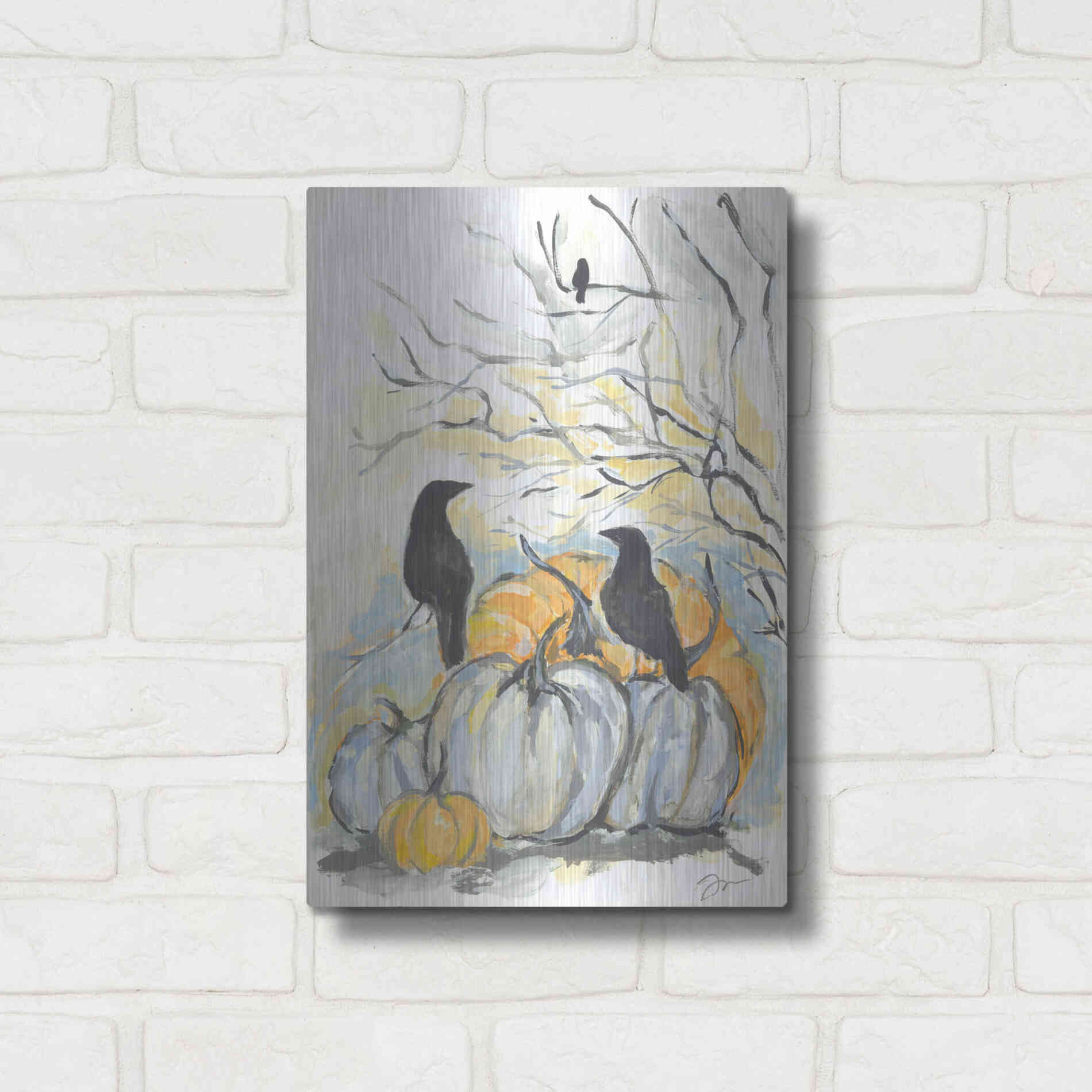 Luxe Metal Art 'Crows in the Pumpkin Patch' by Jessica Mingo, Metal Wall Art,12x16