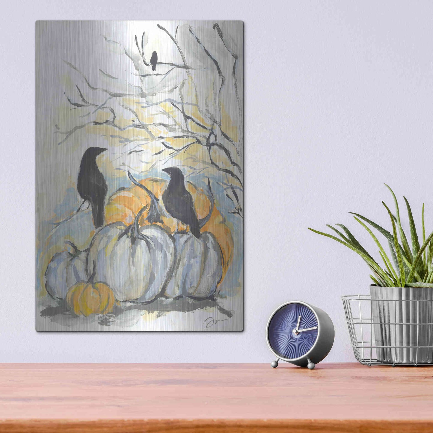 Luxe Metal Art 'Crows in the Pumpkin Patch' by Jessica Mingo, Metal Wall Art,12x16