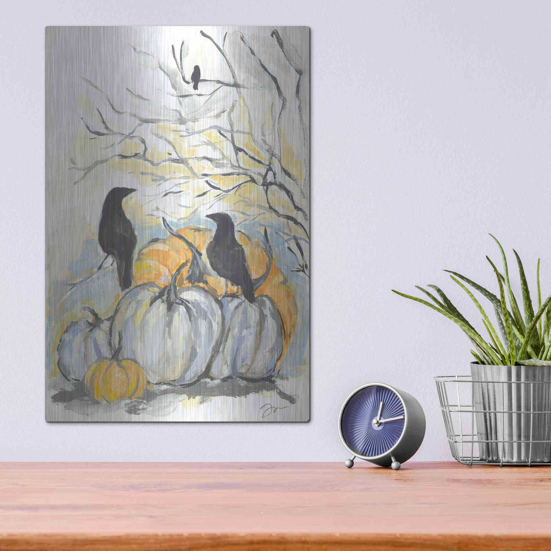 Luxe Metal Art 'Crows in the Pumpkin Patch' by Jessica Mingo, Metal Wall Art,12x16