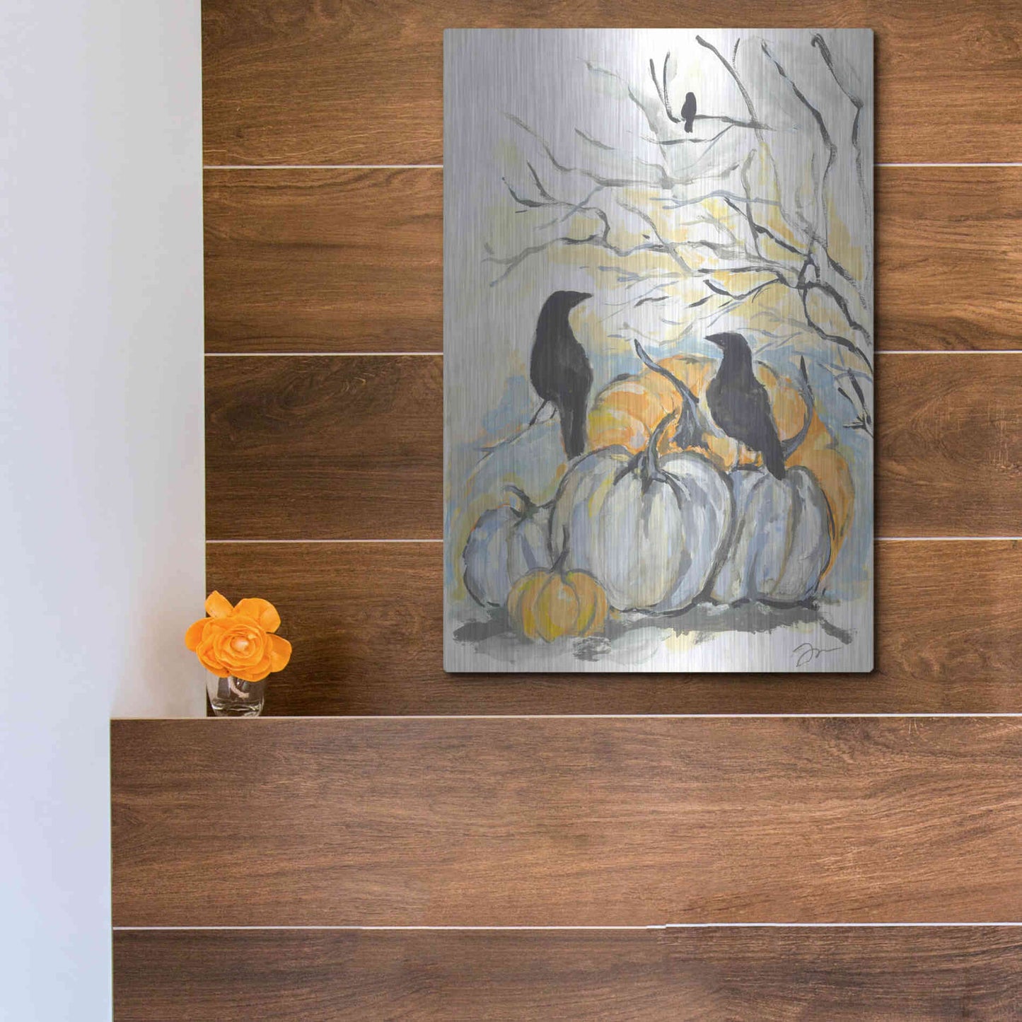 Luxe Metal Art 'Crows in the Pumpkin Patch' by Jessica Mingo, Metal Wall Art,12x16