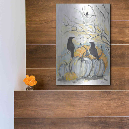 Luxe Metal Art 'Crows in the Pumpkin Patch' by Jessica Mingo, Metal Wall Art,12x16