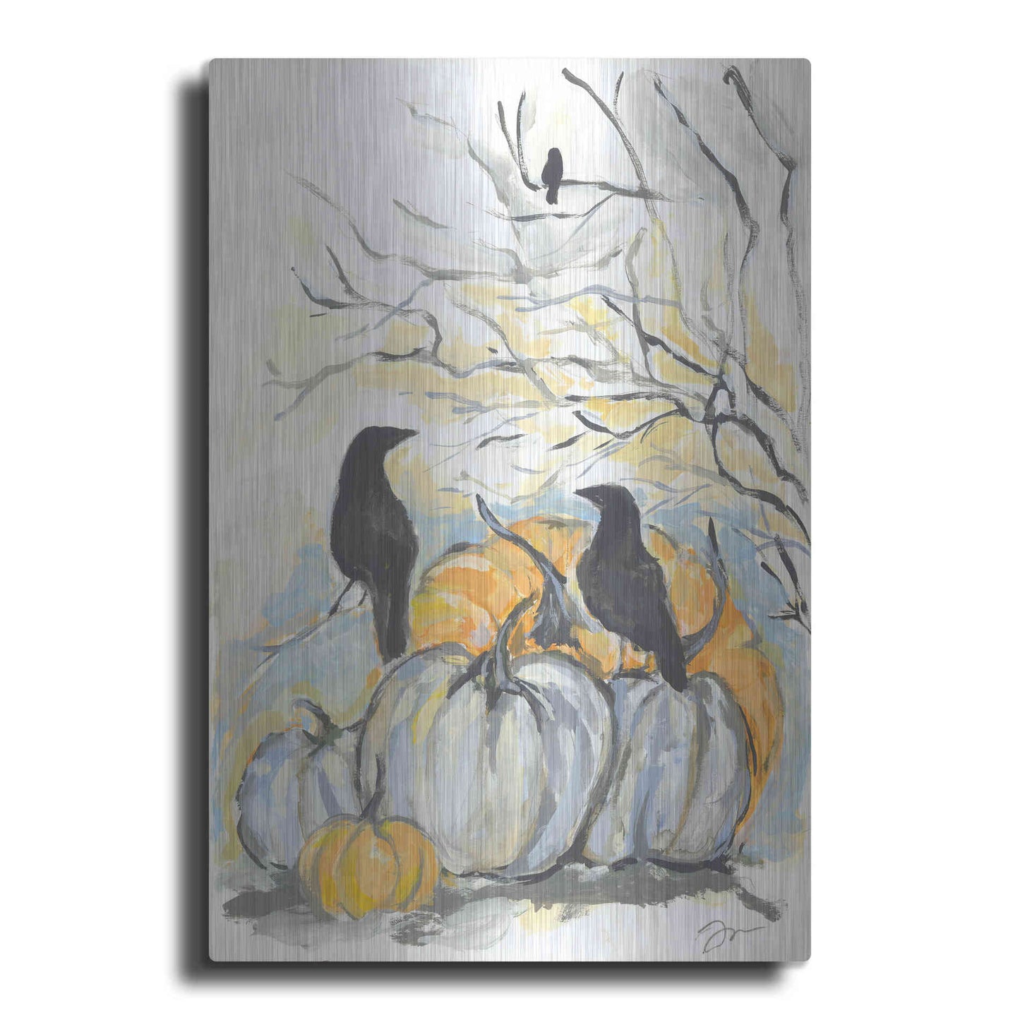 Luxe Metal Art 'Crows in the Pumpkin Patch' by Jessica Mingo, Metal Wall Art