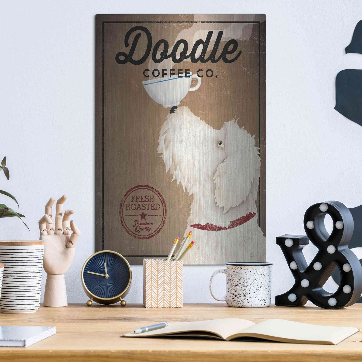 Luxe Metal Art 'Doodle Coffee' by Ryan Fowler, Metal Wall Art,12x16