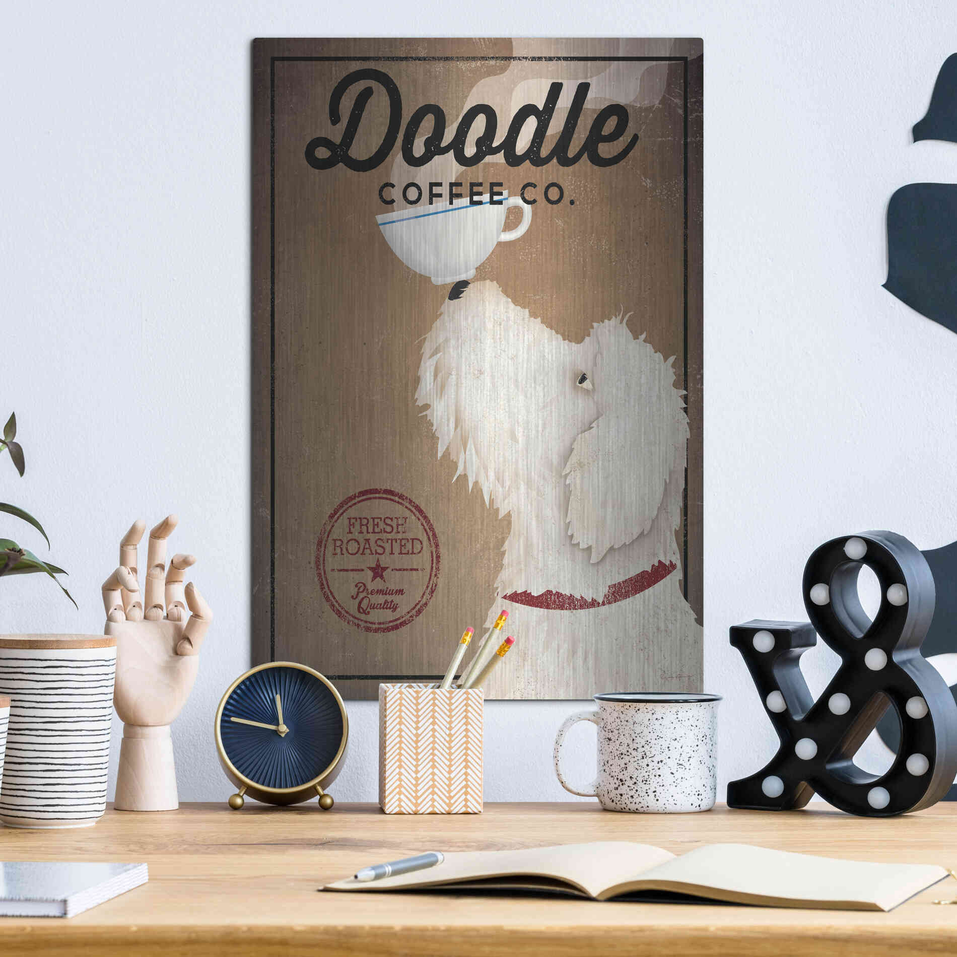 Luxe Metal Art 'Doodle Coffee' by Ryan Fowler, Metal Wall Art,12x16